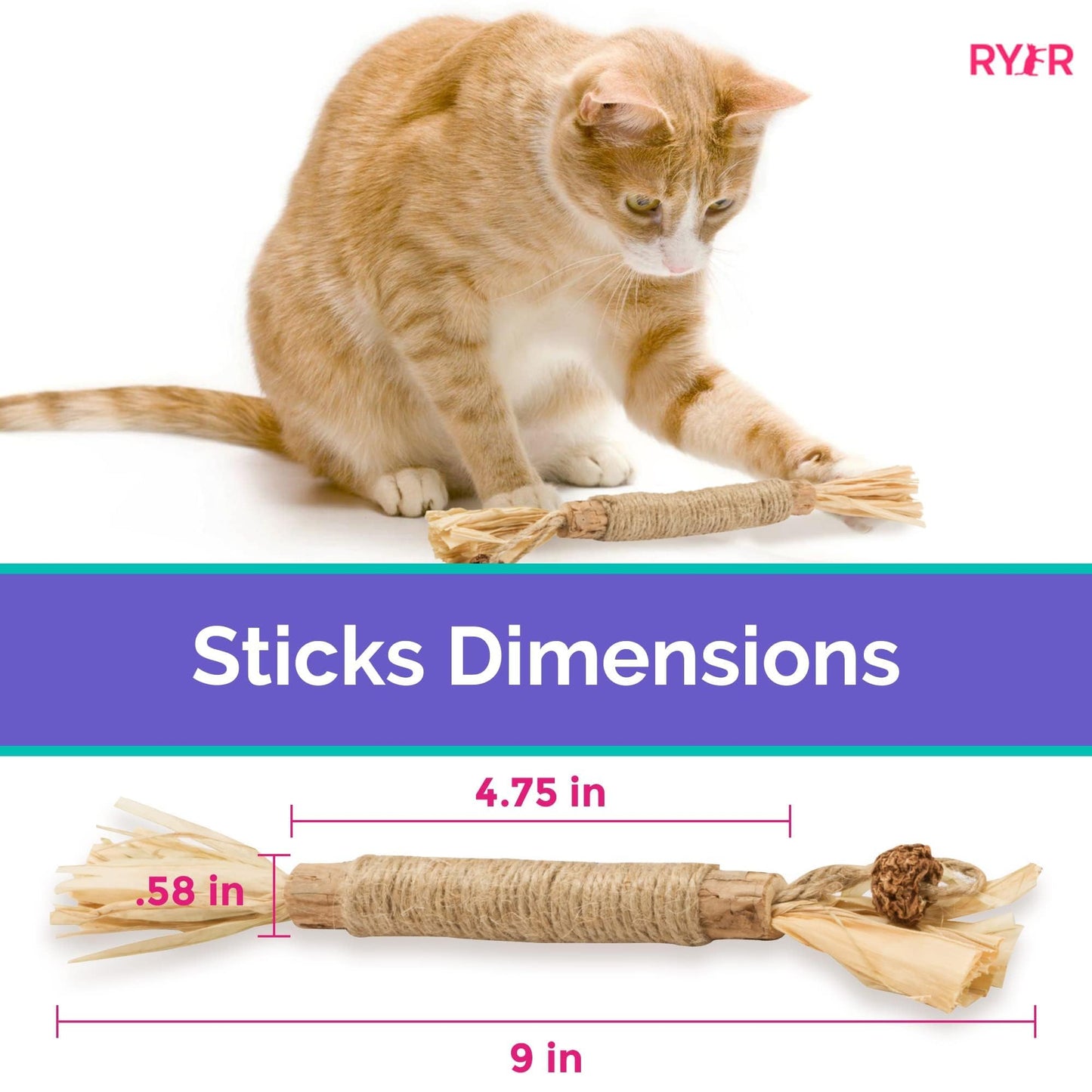RYERCAT Silvervine Sticks for Cats - 100% Natural Cat Chew Toy for Aggressive Chewers and Kitten Teething - Pet Friendly, Smooth Finish, Irresistible Taste and Smell (5 Pack)