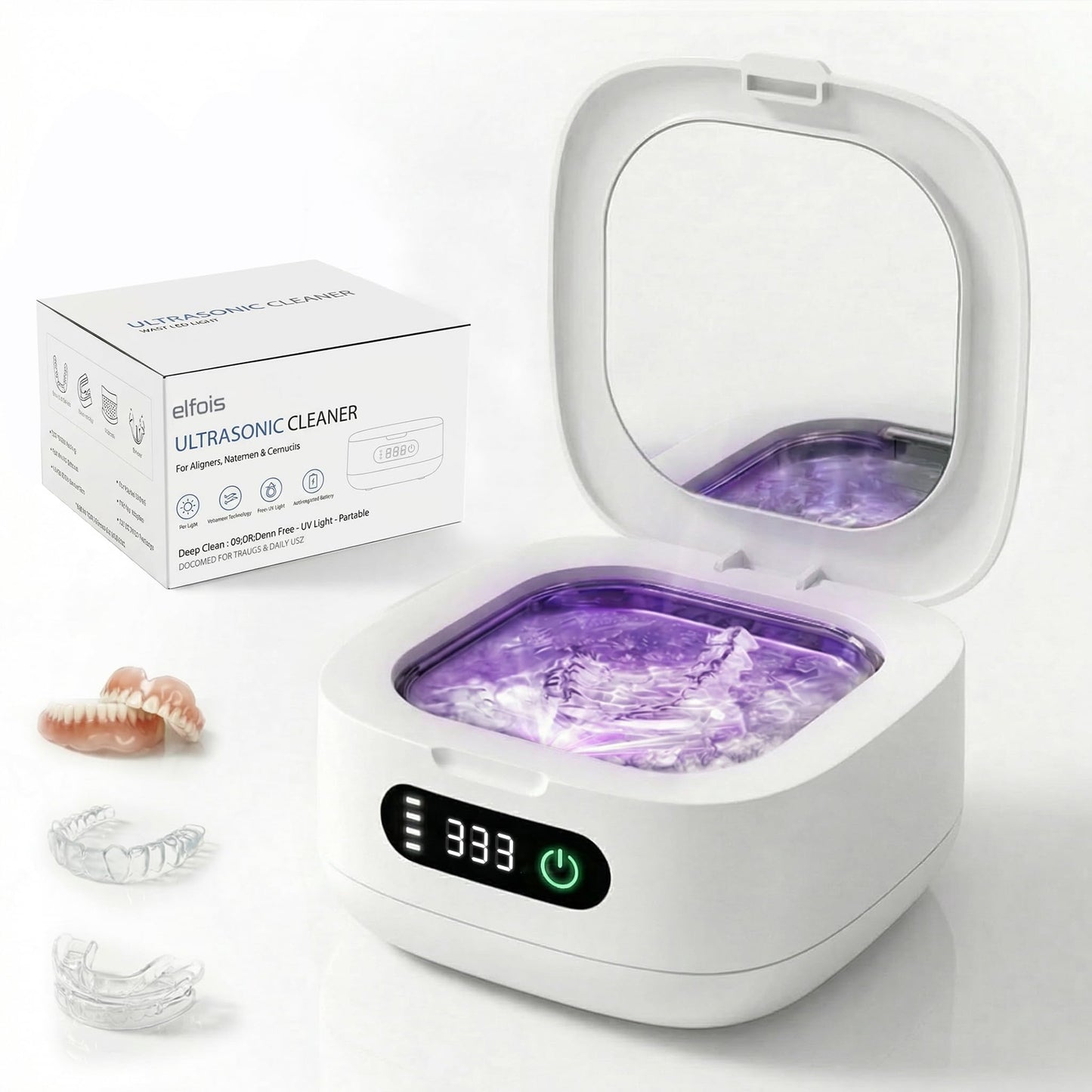 ELFOIS Portable Ultrasonic Retainer Cleaner with UV - Cordless Rechargeable Cleaner Machine for Invisalign, Aligners, Night Guards, Dentures | Travel-Ready with Built-in Mirror