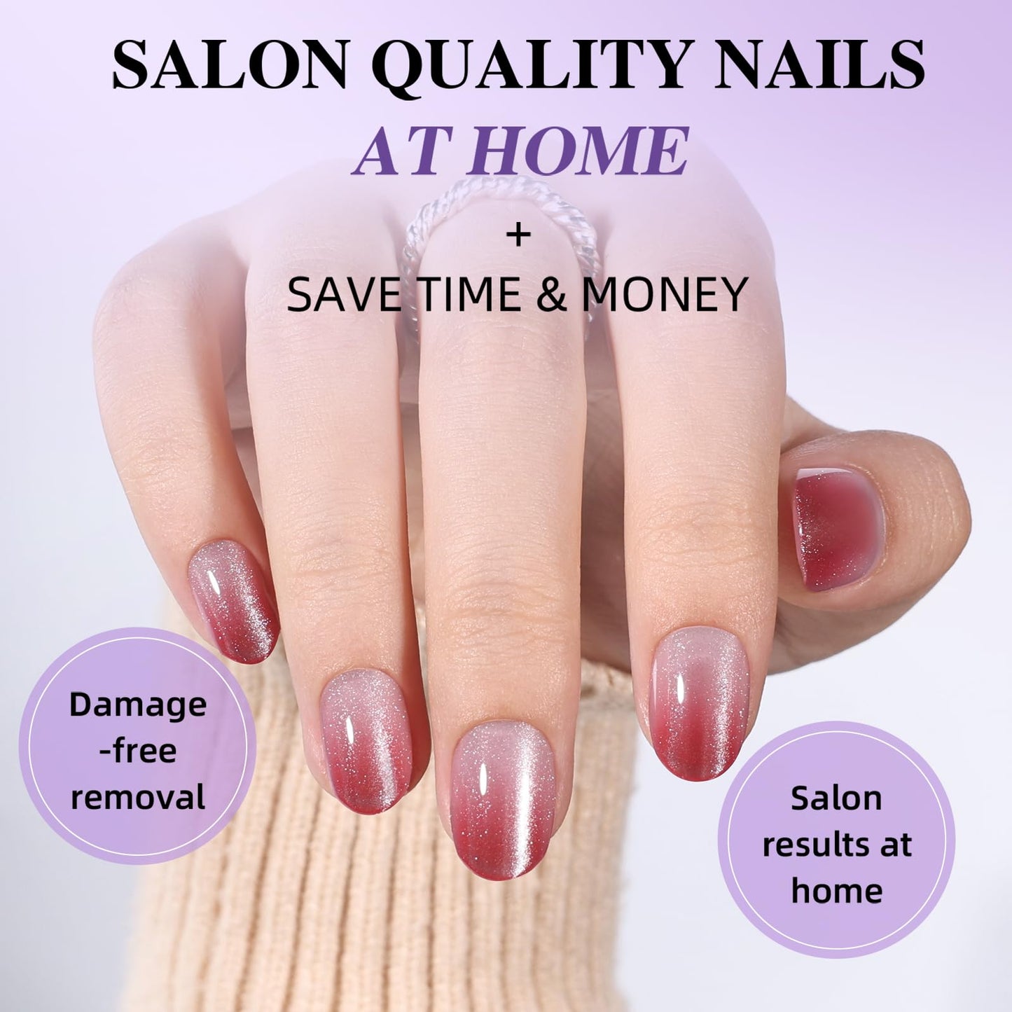 Light Berry Pink Cat Eye Press On Nails - Short Oval Ombre Cat Eye Fake Nails with Shimmer, Reusable Nails Press Ons for Women 32 Pieces 16 Sizes