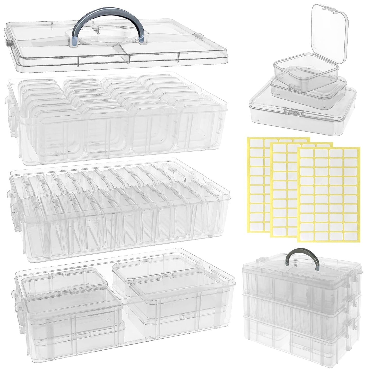 Guyuyii Bead Organizers and Storage with Labels and Handle - 58 Pcs Small Plastic Bins with Lids and 3-Tier Stackable Clear Bead Storage for Diamond Painting, Seed Beading & Jewelry Making (3 Sizes)