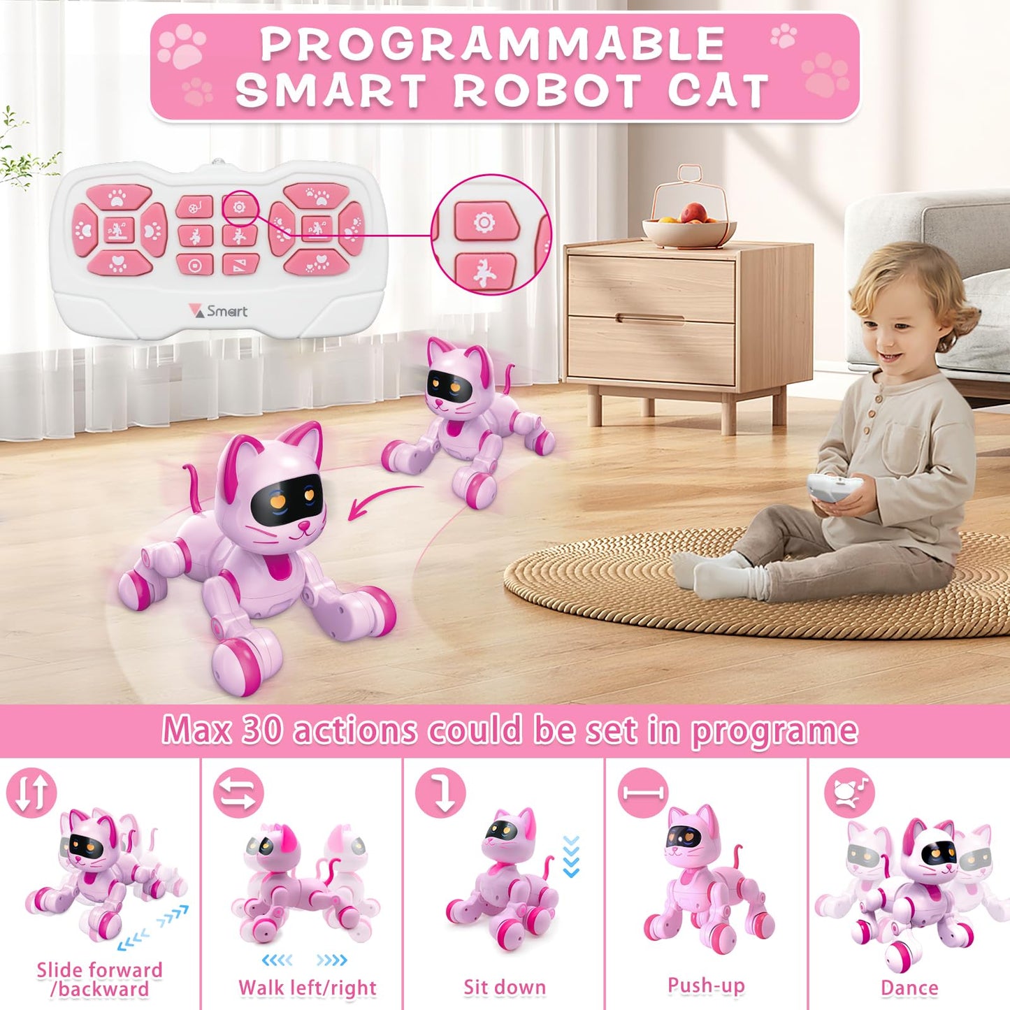Hitish Remote Control Robot Cat, Programmable RC Smart Cat with Touch Sensing, LED Eyes Dance & Music Walking Pets STEM Toys Gifts for Kids Girls Boys