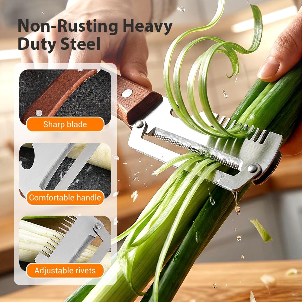 2026New Multi-functional Vegetable Peeler, Ktchen Multi-function Stainless Steel Thickened Fruit Peeler Knife with Wooden Handle, 3-1,Suitable for Peeling Fruits and Shredding Scallions (3PCS)