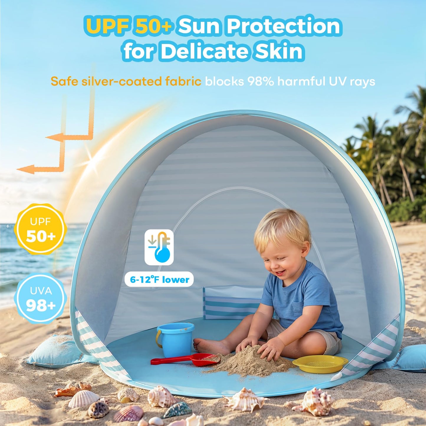 Gorich Pop Up Baby Beach Tent with UPF50+ UV Protection, Portable Toddler Sun Shelter with Mesh Ventilation, Lightweight & Foldable Play Shade Tent for Beach, Park & Backyard