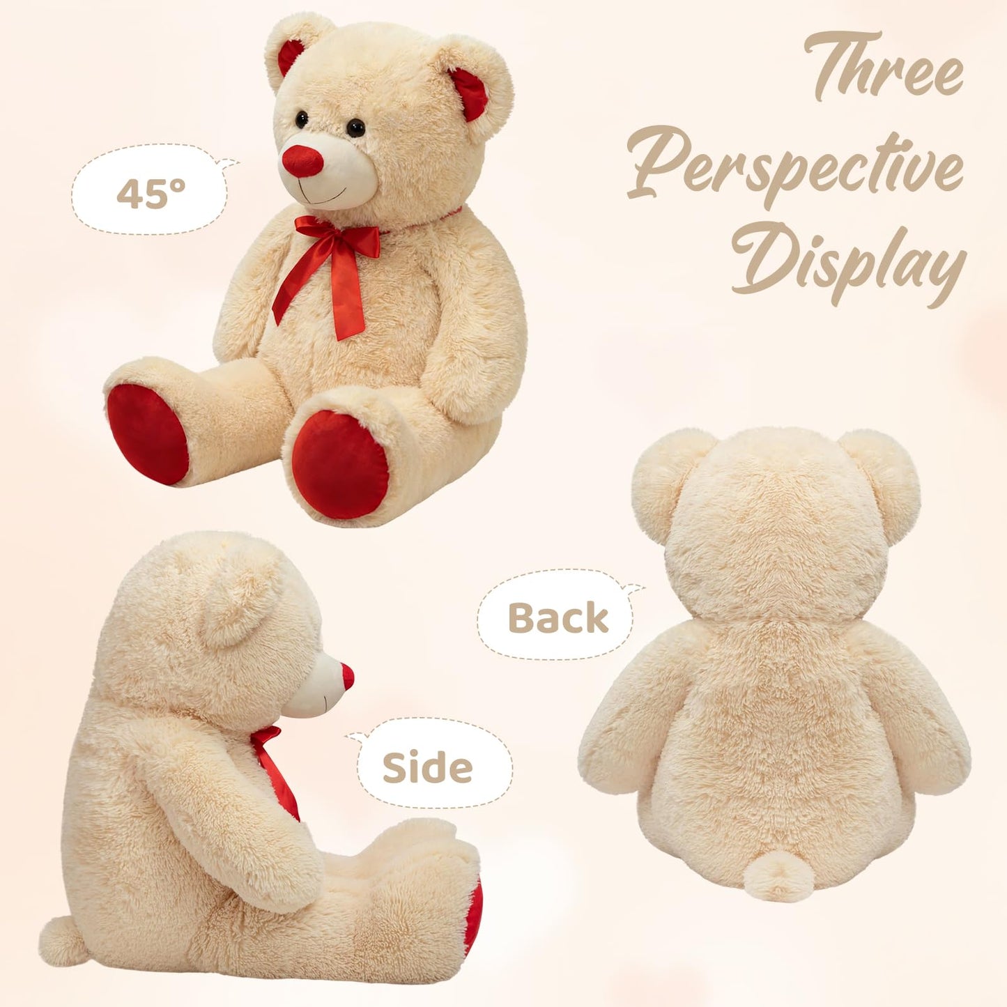 WENMOTDY Huge Teddy Bear Stuffed Animal Giant Teddy Bear Plush with Red Ribbon Bow Day Plush Toy Gift for Girlfriend and Kids 36 inch Beige