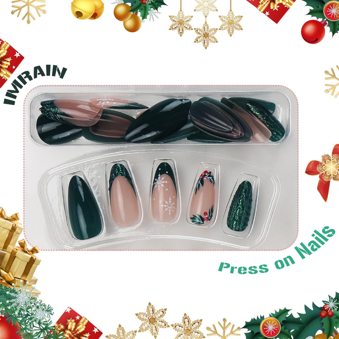 IMRAIN French Tip Press on Nails Medium Almond Fake Nails Green Glitter Acrylic False Nails Full Cover Glossy Stick on Nails for Women