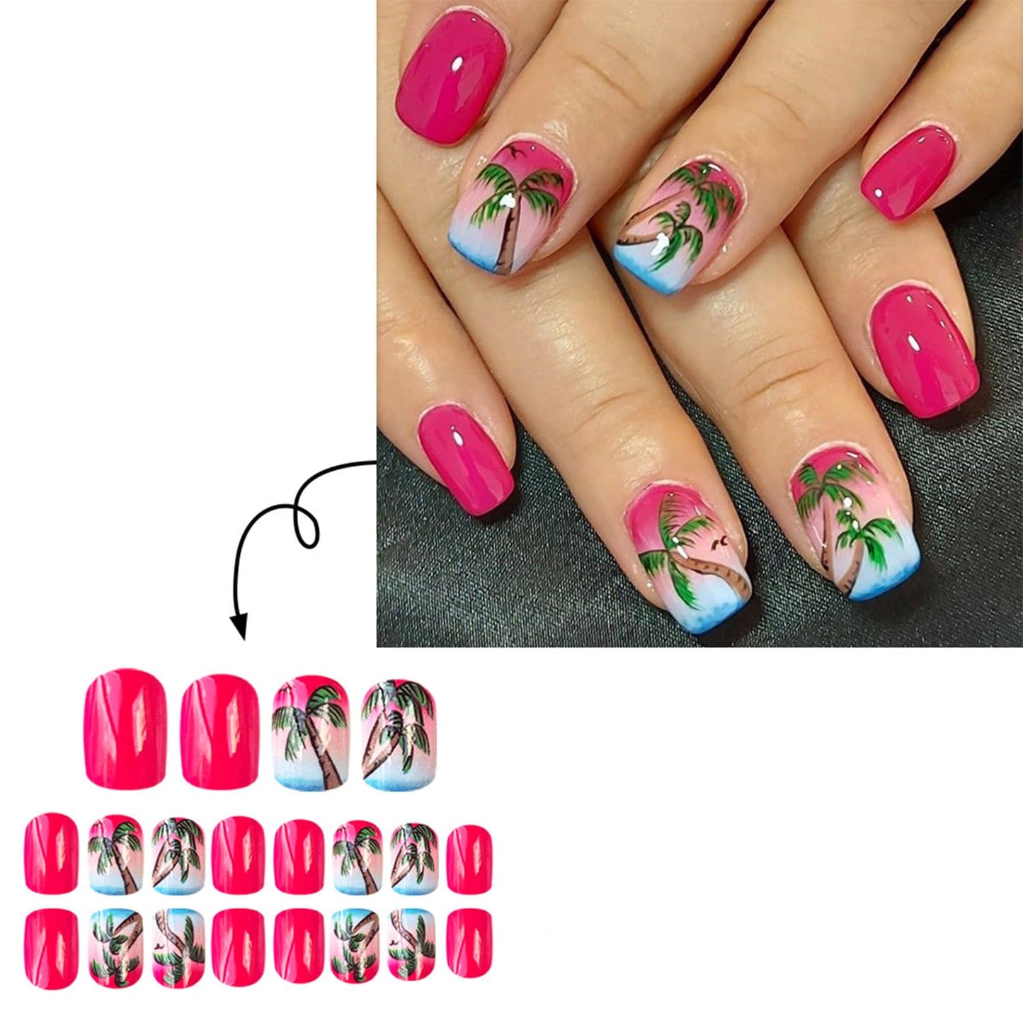 Summer Beach Press on Nails Tropical Palm Tree Designs Pink Gradient Sunset Short Square Vacation Fake Nails Reusable Full cover Stick on False Nail Set for Women 24 Pcs