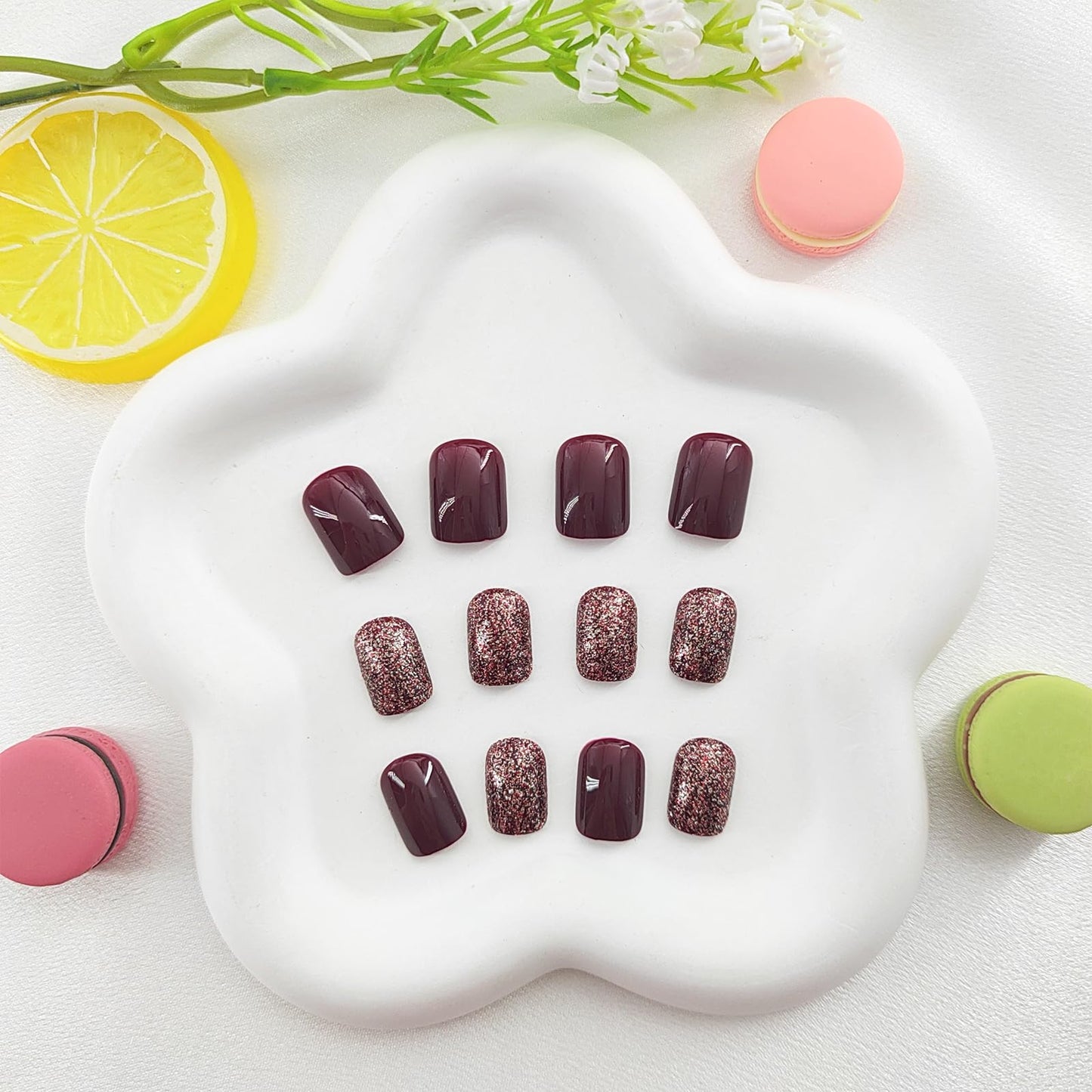 Square Press on Nails Short Fake Nails with Glitter Designs Red Nails Press ons Winter Acrylic Nails for Women 24Pcs