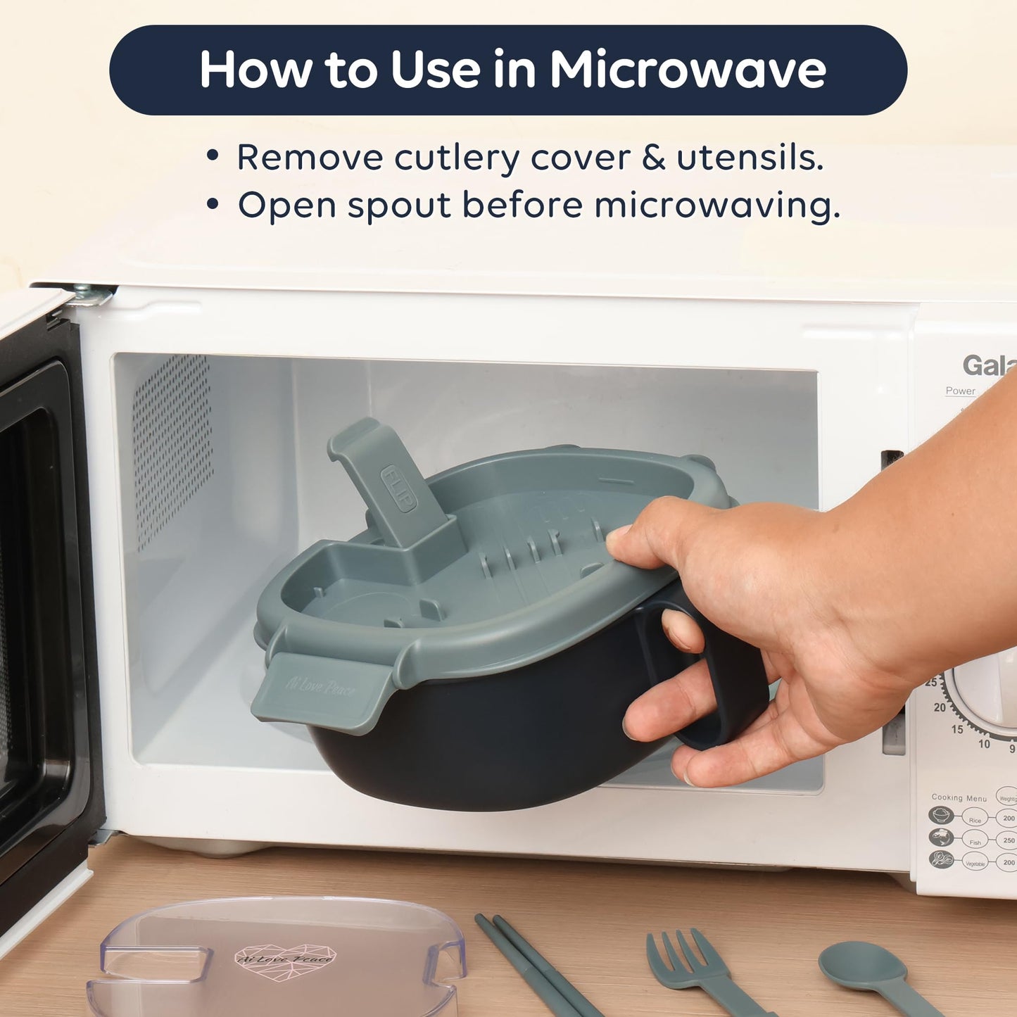 AI LOVE PEACE Microwavable Ramen Bowl Cooker with Lid - Leakproof Noodle Container with Built-In Utensils, BPA-Free, Dishwasher & Freezer Safe [Navy]