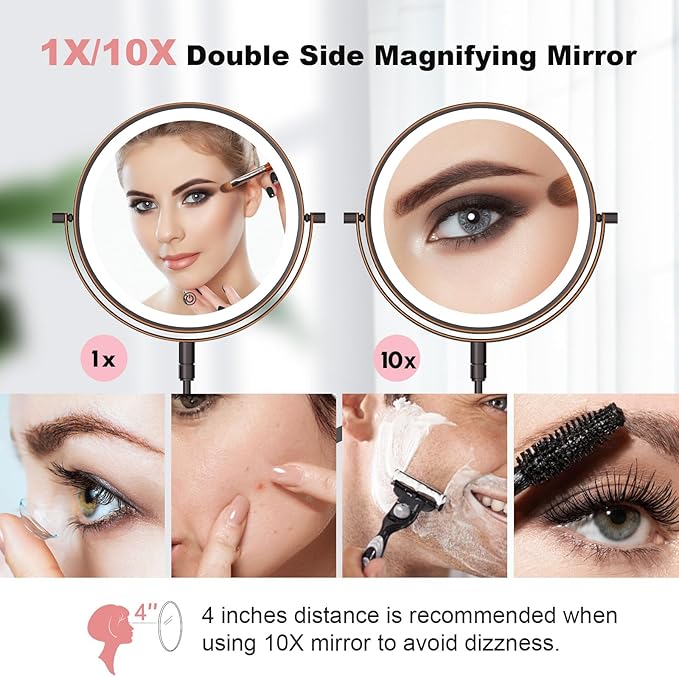 Rechargeable Wall Mounted Makeup Mirror - 8 Inch Double Sided 1X/10X Magnifying Mirror with 3 Color Lights Dimmable Touch Screen, 360°Swivel 19.6 Inch Extendable Accordion Bathroom Mirror