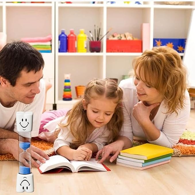 2 Minute Toothbrush Sand Timer for Kids, Small Blue and Red Smiley Acrylic Hourglass Sand Clock Set, Plastic Glass Mini Sandglass for Classroom Games Kitchen (Pack of 2)