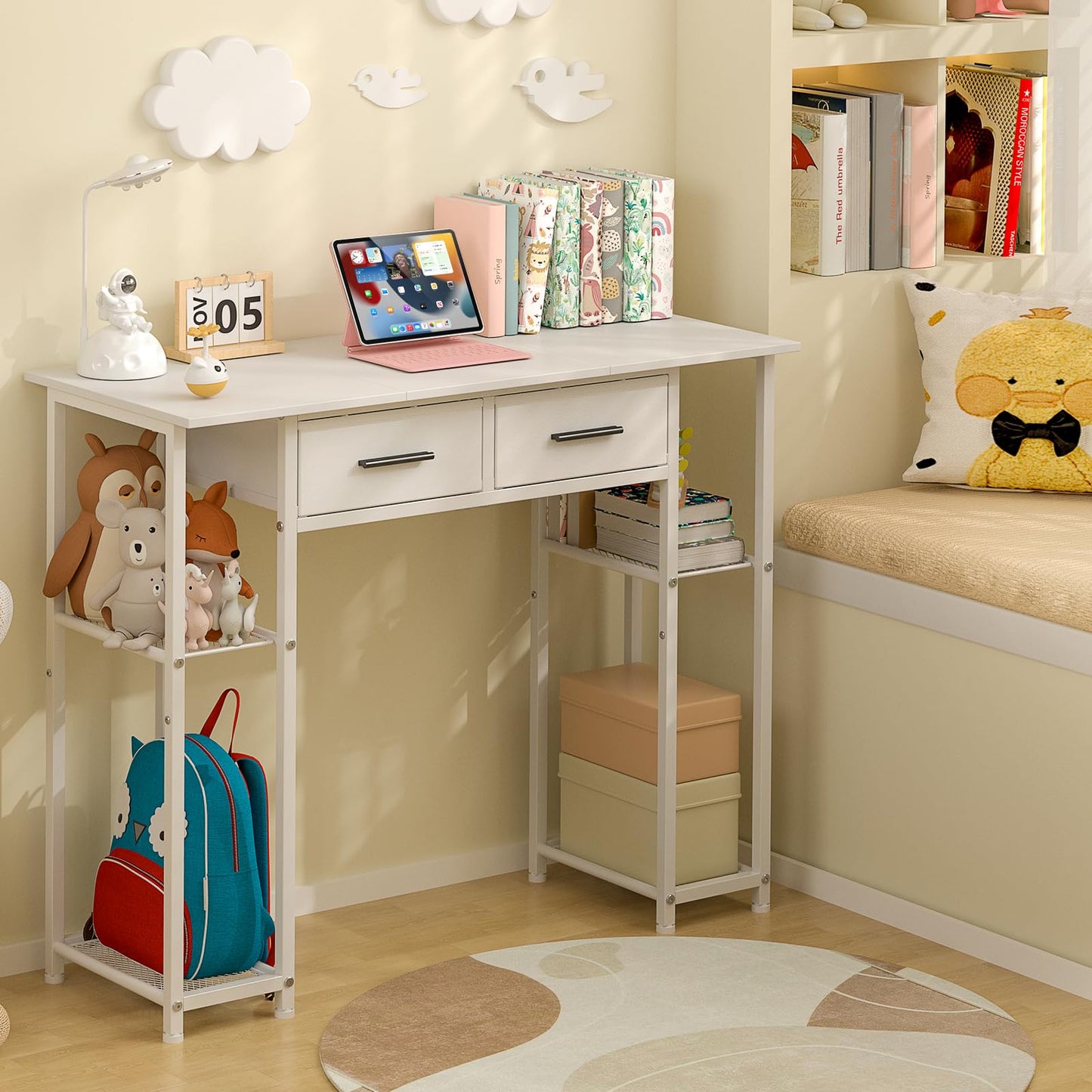 DAOUTIME White Computer Desk with Drawers, 37.3 Inch Home Office Work Desk with Storage Shelf, Kids Teens Study Table for Small Space, Small Writing PC Table for Bedroom Makeup Vanity Desk