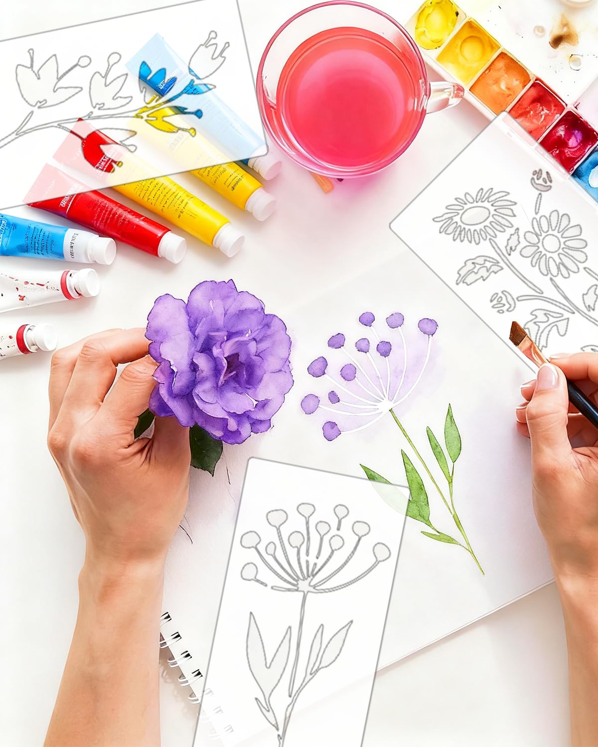 24 PCS Stencils for Crafts Reusable, Flower Leaf Texture Mixed Stencils for Painting, Geometric Spider Web Templates Abstract Layering Spray Paint on Wood Furniture Card Canvas Paper Scrapbook