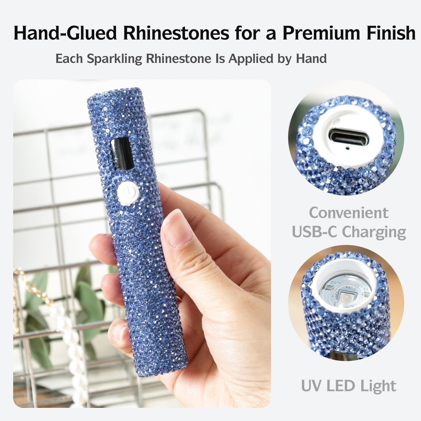 keeyada Handheld UV Nail Lamp with Sparkly Rhinestones, 3W Portable LED Nail Lamp, Wireless Rechargeable USB Nail Dryer with Silicone Stamper, LCD Display, Ideal for Home DIY Manicures (Light Blue)