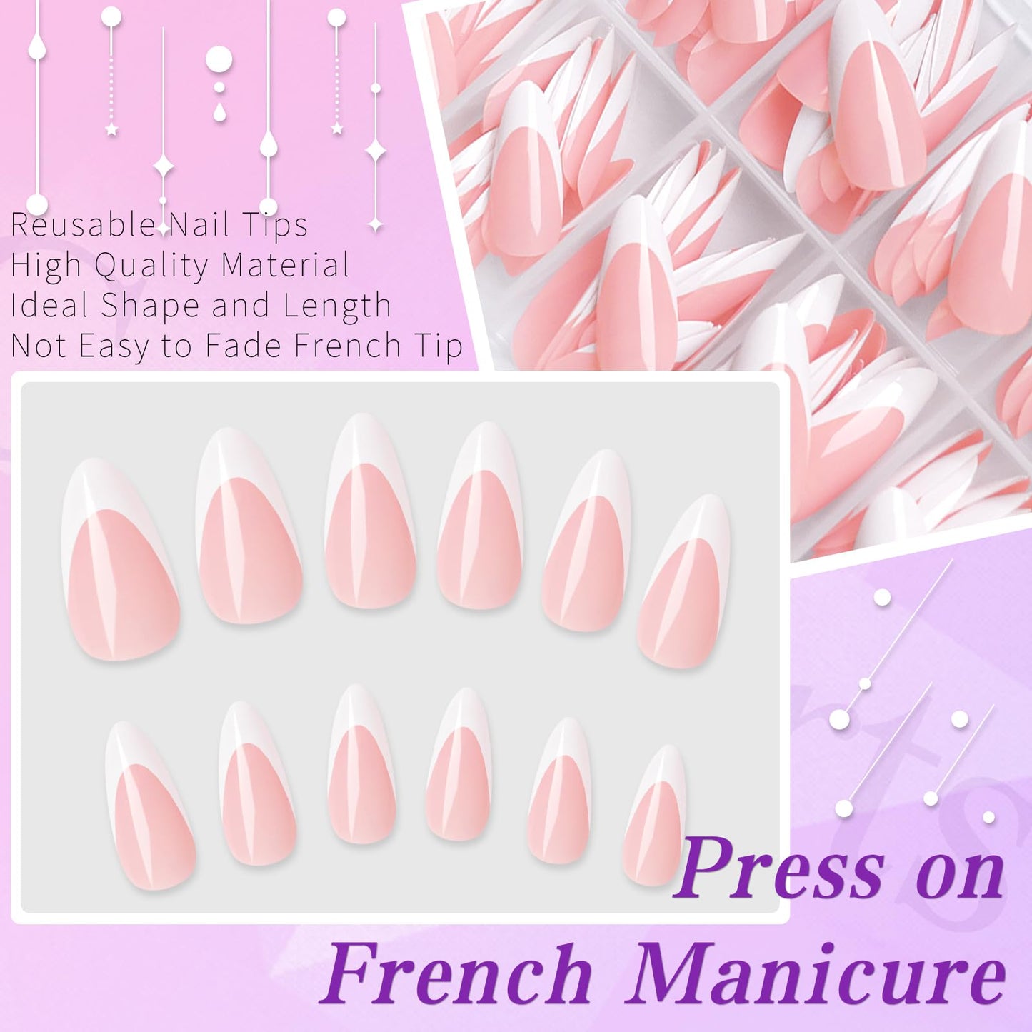 Lifextol 240pc French Tip Press on Nails Medium Fake Nails with Glue & Sticky Tab, Stiletto False Acrylic Nails Press on Nails Almond Nail Tips Stick on Artificial Glue on Nails Press ons Fingernails