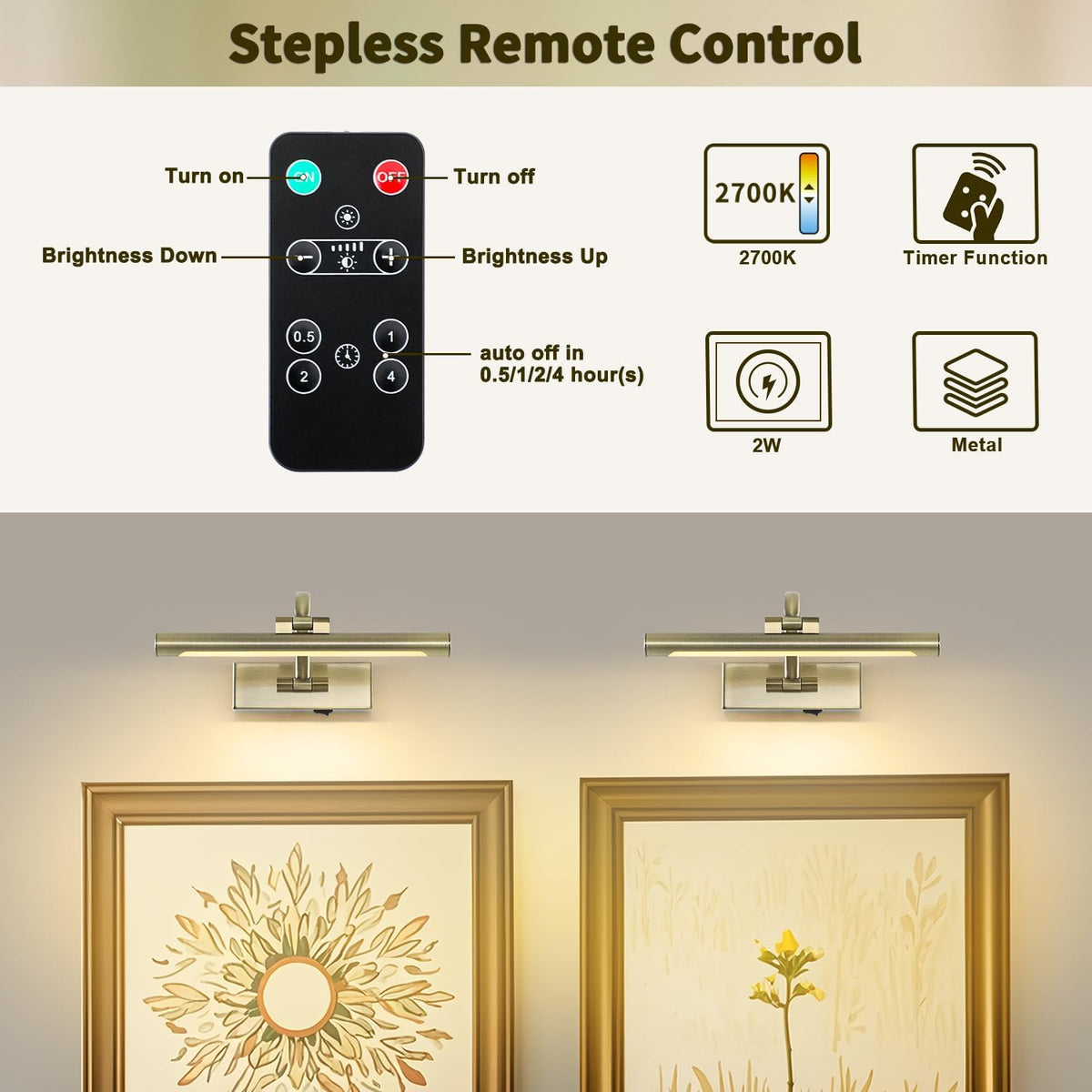 Wireless Picture Lights Rechargeable Gallery Lighting Battery Picture Frame Light with Remote and Timer, Adjustable Art Light for Paintings, Portraits, Antique Bronze Finish 12'' Inch 2W 2700K