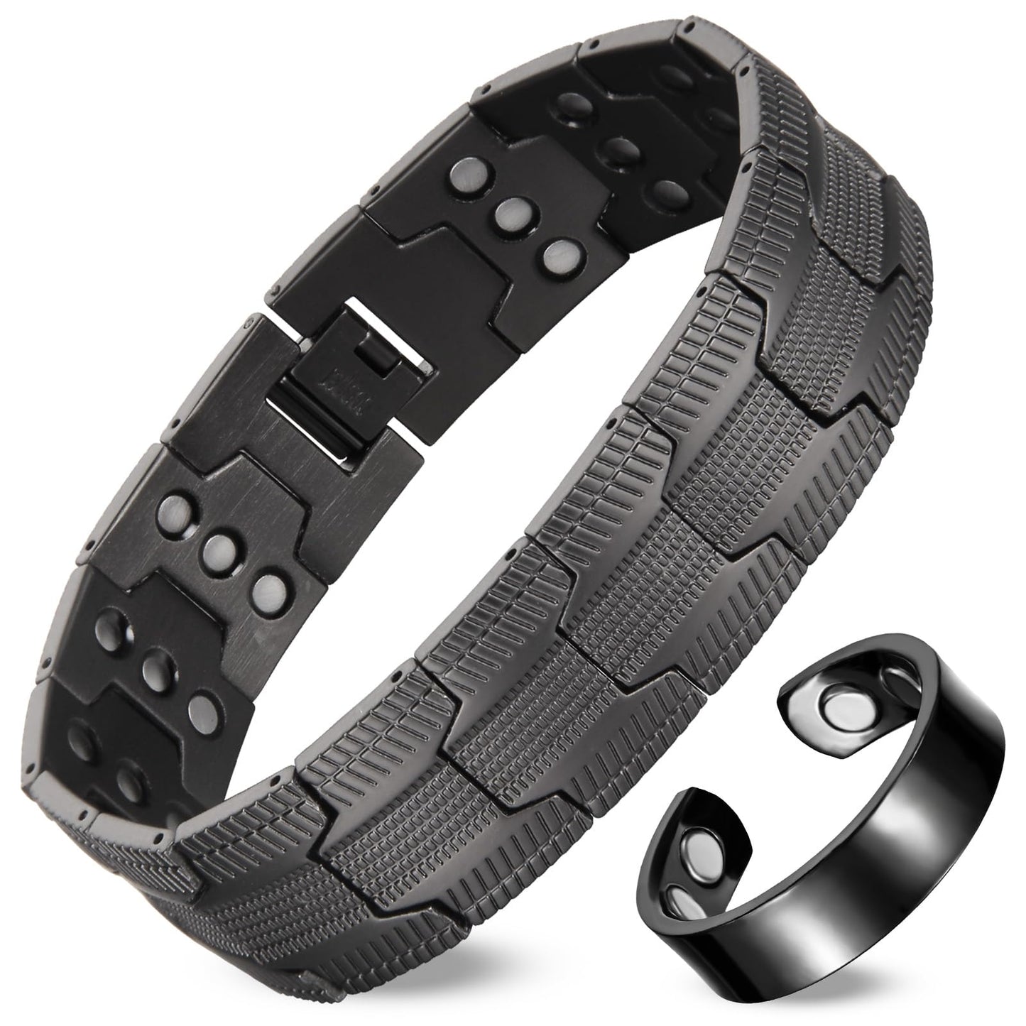 Fashtour 3X Copper Bracelet for Men Triple Ultra Strength Magnets, Masculine Design Pure Copper Magnetic Bracelet & Ring Set, Adjustable Length with Sizing Tool (Gunmetal)