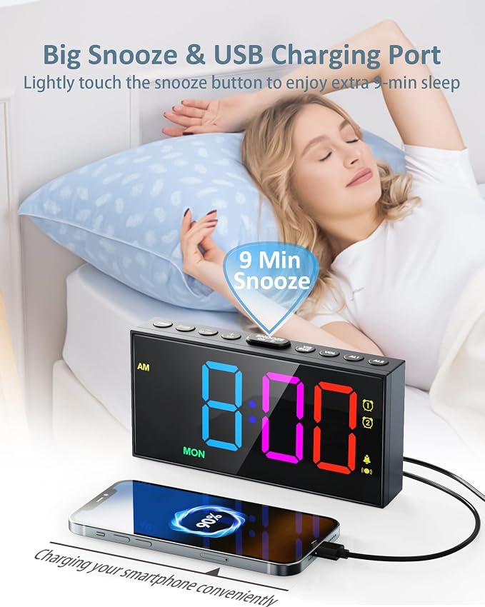 RGB Display Vibrating Alarm Clock with Bed Shaker for Heavy Sleepers Adults