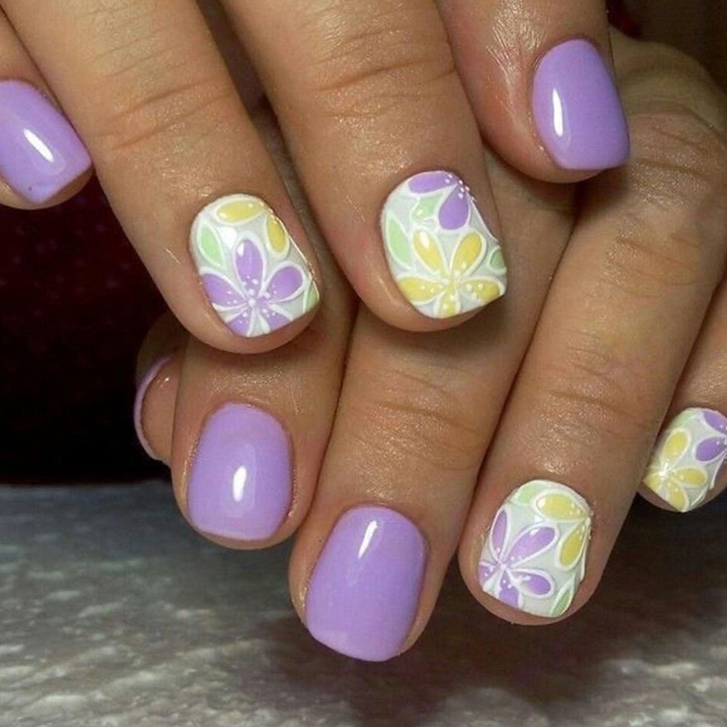 Short Press on Nails Square Fake Nails with Colorful Flower Designs Purple Nails Press ons Spring Summer False Nails for Women 24Pcs