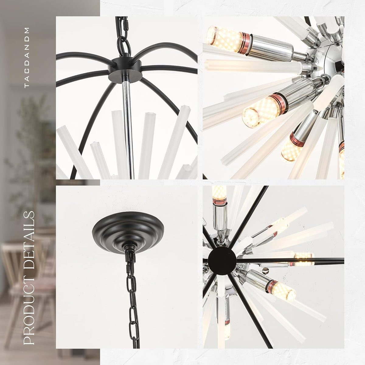 23.6" Black Chrome 12-Light Globe Sputnik Chandelier Modern Adjustable Hanging Ceiling Glass Tube Pendant Light Fixture for Entryway Foyer Staircase Dining Living Room Hallway
