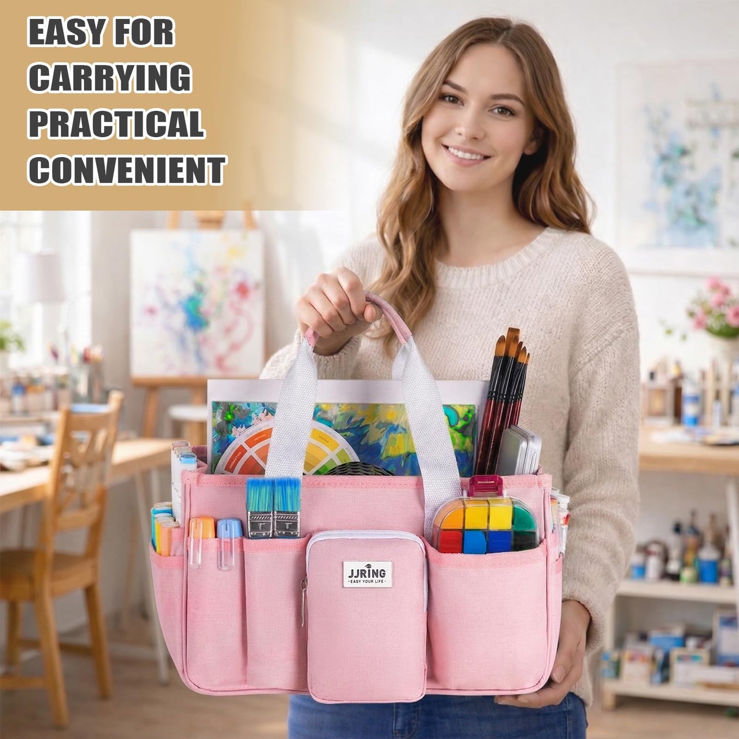 Jjring Craft Organizer Tote Bag, Portable Art Caddy with Adjustable Divider&Secure Zipper Pocket, Large Foldable Storage Tote for Scrapbooking, Sewing, Artist and Home(Pink)