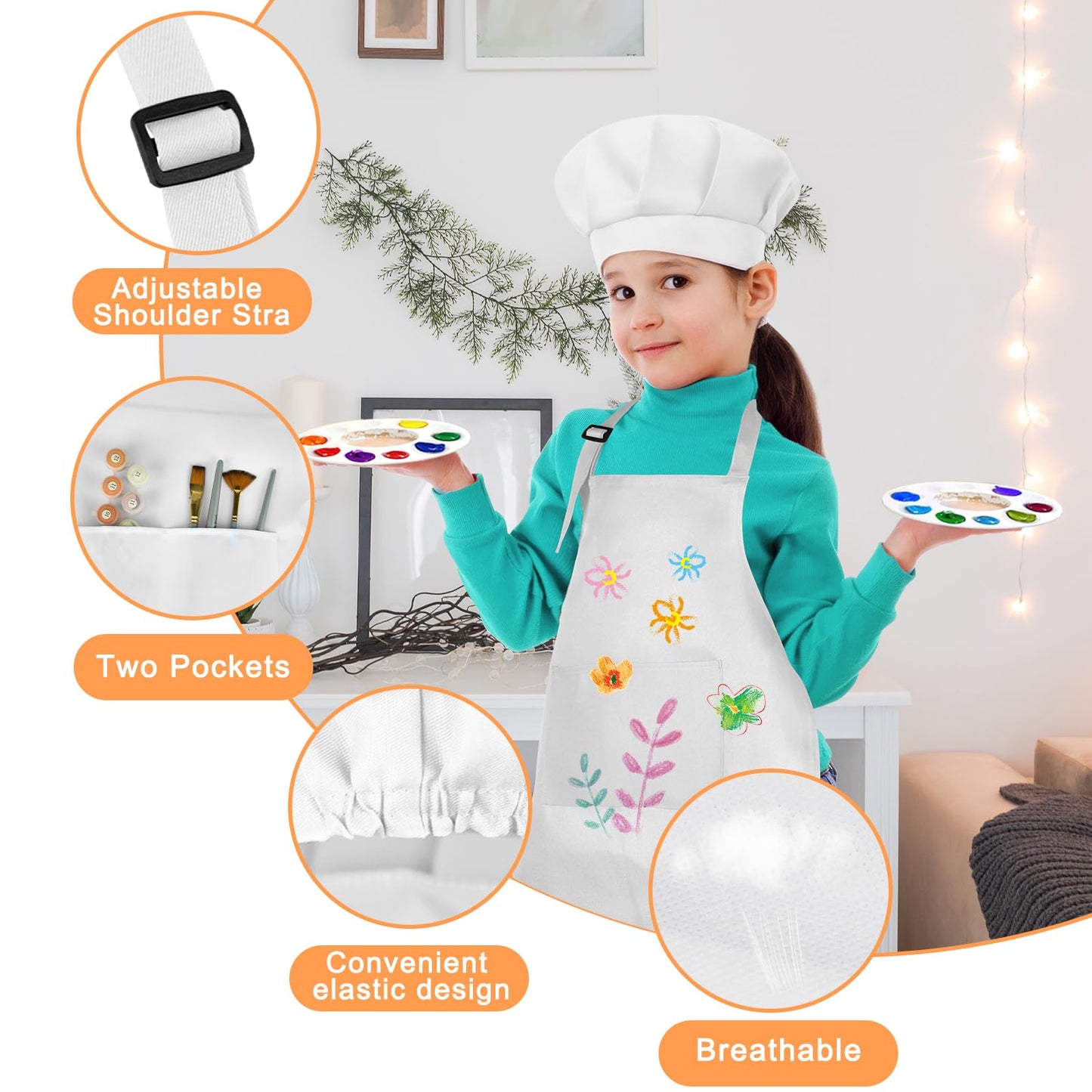 BOUBONI 12 Sets Kids Apron and Chef Hat Set Adjustable Toddler Apron with Colored Pen Template for Baking Painting Crafts