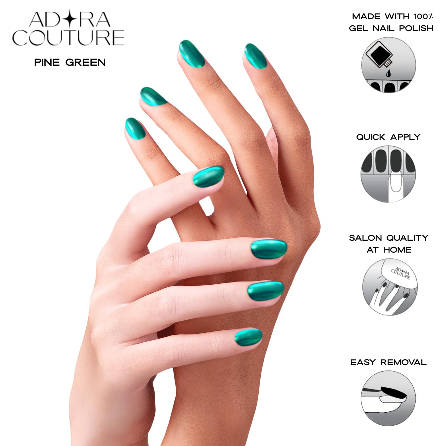 Adora Couture Semi-Cured Gel Nail Strips - 30 Salon-Quality Stickers with UV Light Required, Long Lasting, Easy Application & Removal, Includes Prep Pads, Nail File, Wooden Stick (Green Pine)