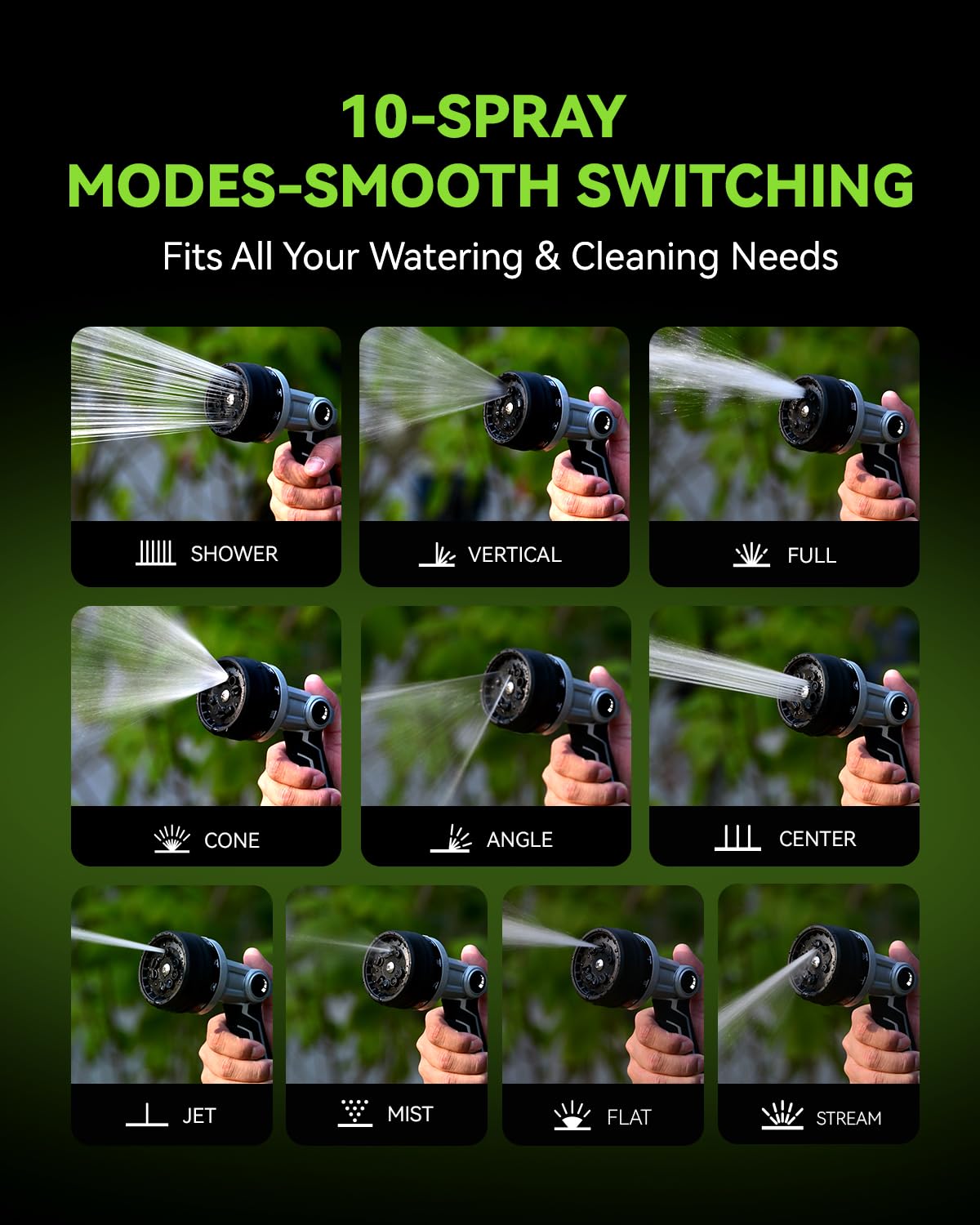 RAINPOINT Full-Metal Garden Hose Nozzle, Heavy Duty Water Hose Nozzle Sprayer With 10 Adjustable Patterns & High Flow,Thumb Control For Flow Adjustment, Ideal For Watering, Washing, Cleaning,Black