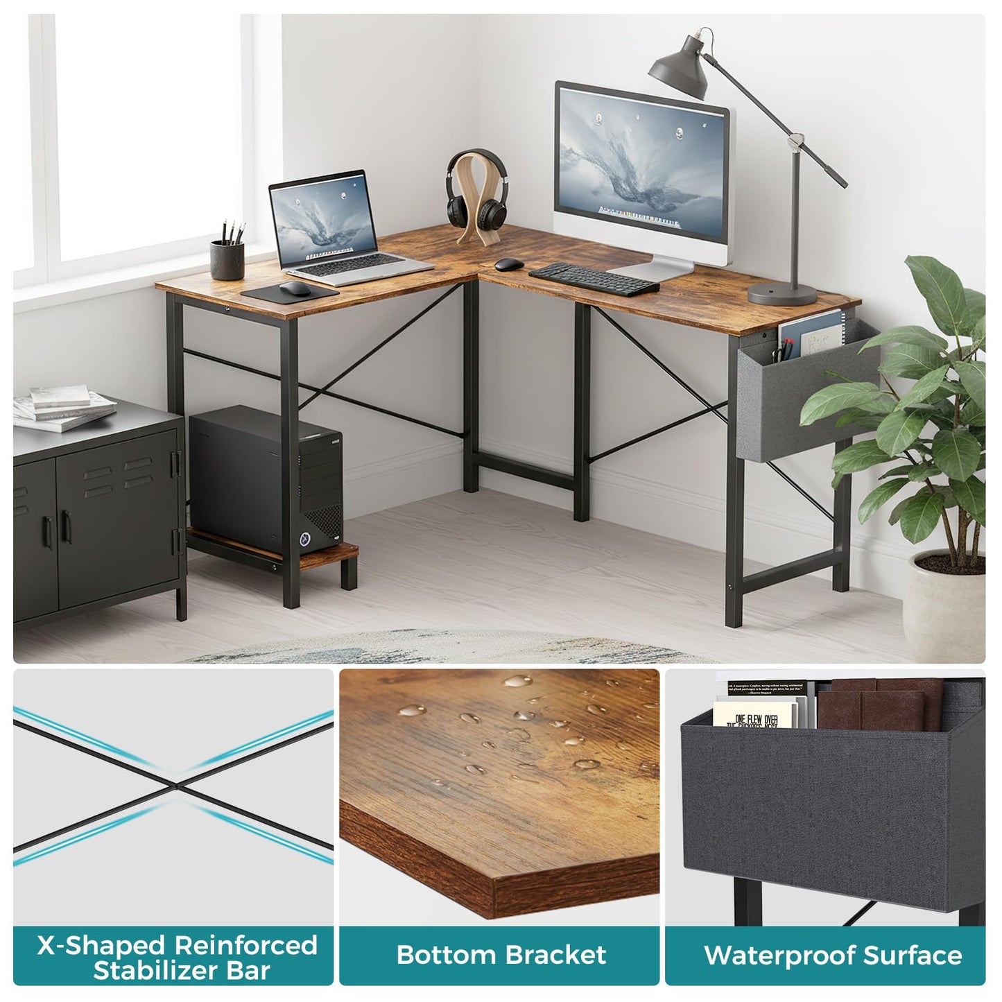 OLIXIS L Shaped Desk, 50-Inch Office Computer Gaming Desks Corner PC Table with Side Bag and Reversible Shelf for Home Work Study Writing Rustic Brown