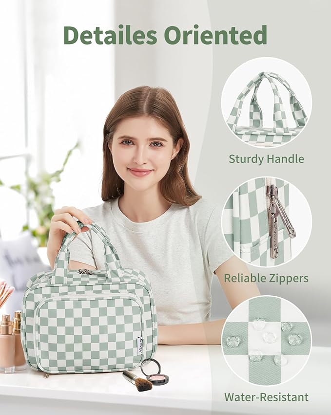 Narwey Large Travel Toiletry Bag for Traveling Women, Cosmetic Makeup Bag Make Up Organizer, Checkered Travel Bag for Toiletries with Handle (Mint Green Checkerboard)