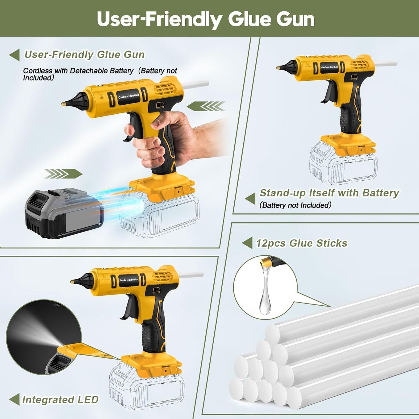 Cordless Hot Glue Gun for DeWalt 20V Battery Powered, 100W Full Size Glue Gun Cordless & Rechargeable, Wireless Battery Powered Hot Glue Gun and Sticks Set with 12pcs 0.43'' Glue Sticks (Yellow)