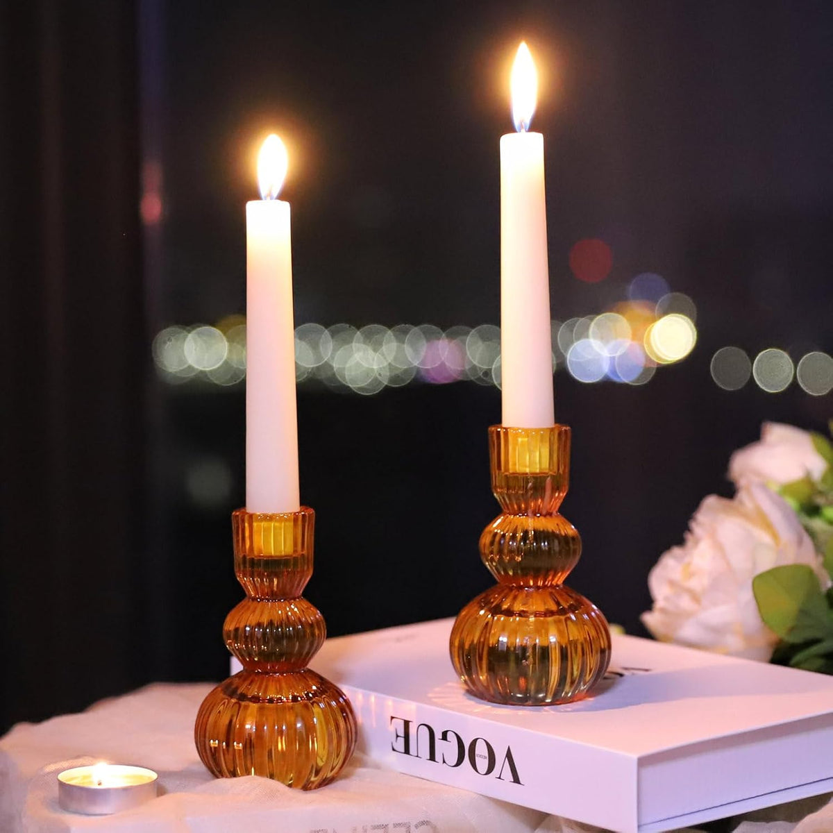 Woho Amber Taper Candle Holders 4.3" H for Halloween/Thanksgiving Decorations, Set of 3 Ribbed Glass Candlestick Holders Vintage for Fall Wedding, Boho Candle Sticks Holder Decor for Dining Table