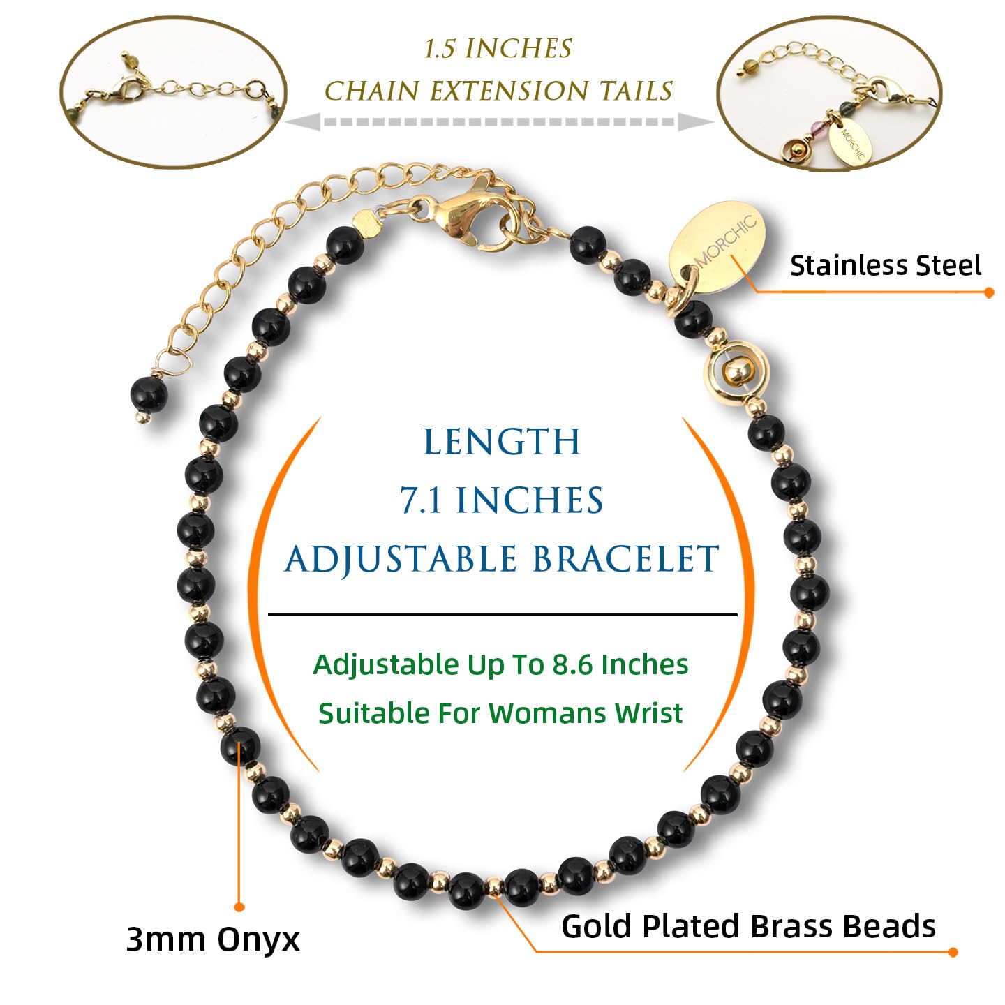 Morchic 3mm Black Onyx Natural Gemstone Beaded Bracelet for Women, Dainty Tiny Charm Jewelry, Adjustable 7.1-8.6", Ideal Birthday Holiday Gift