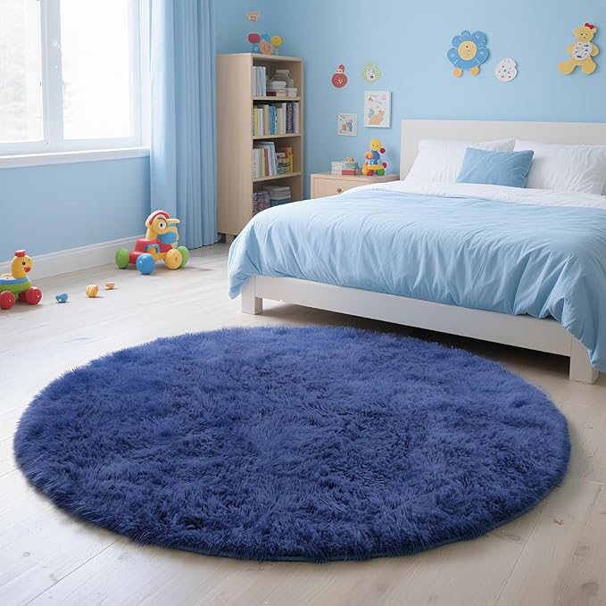 yulidayang Blue Fluffy Round Area Rugs for Bedroom,3ft Shag Circle Area Rugs for Living Room,Non Slip Fuzzy Plush Rug for Kids Room Boys Girls Room and Dorm Home Decor Rug