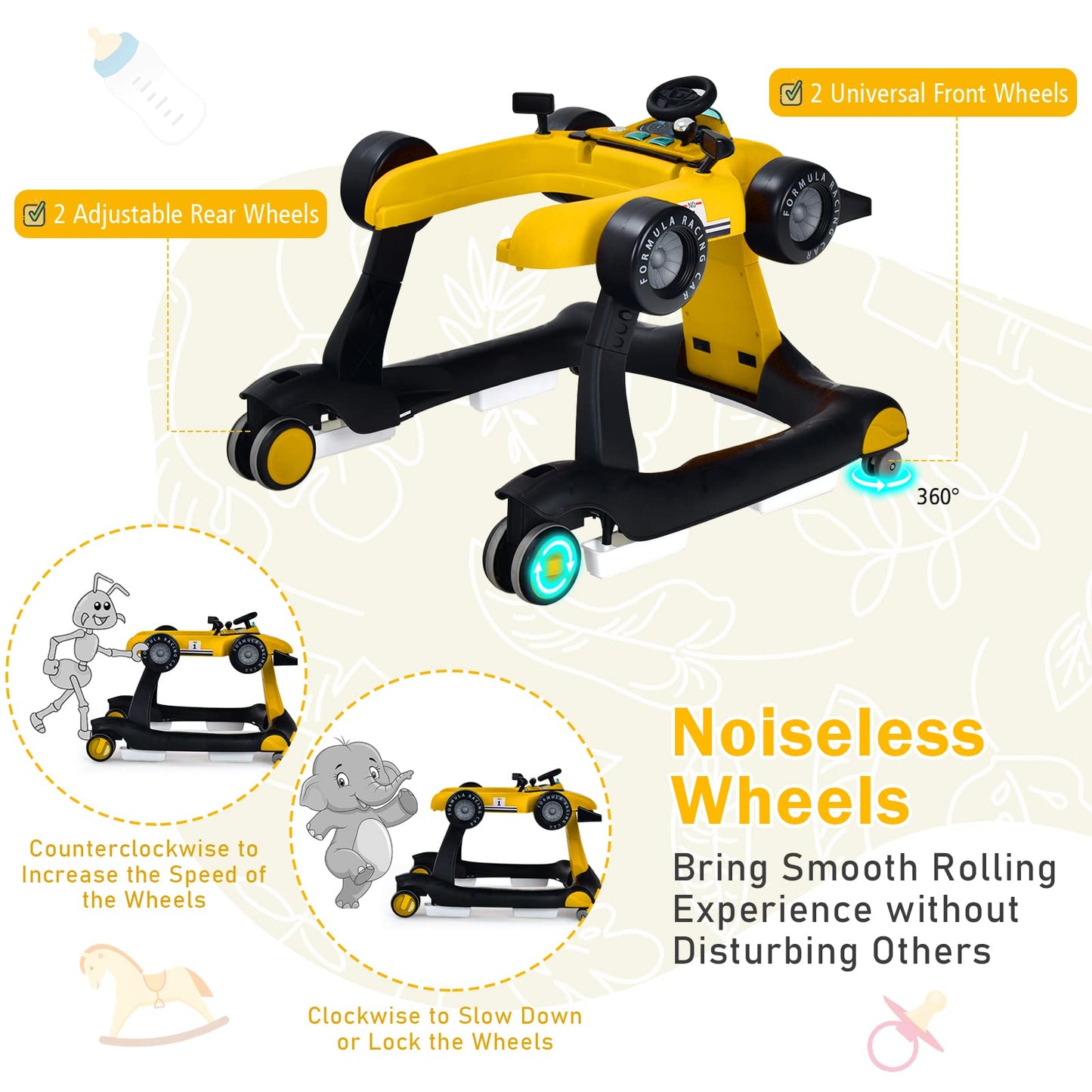 GLACER Foldable Baby Walker, 4-in-1 Infant Walker with Adjustable Height & Speed, Music, Light, Steering Wheel & Washable Cushion, Baby Walker Activity Center for Boys Girls 6 –18 Months (Yellow)