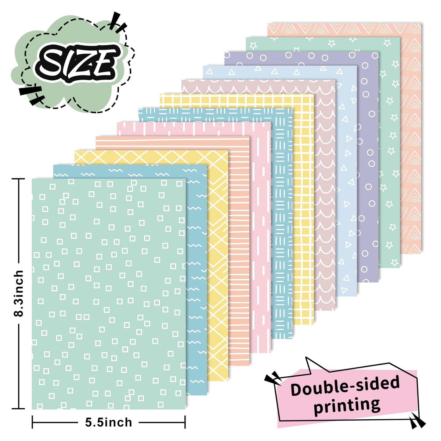 Whaline 60 Sheets Pastel Doodle Pattern Paper Stripe Wave Star Double Sided Scrapbook Specialty Paper for Spring DIY Crafts Card Making, 5.5 x 8.3 Inch