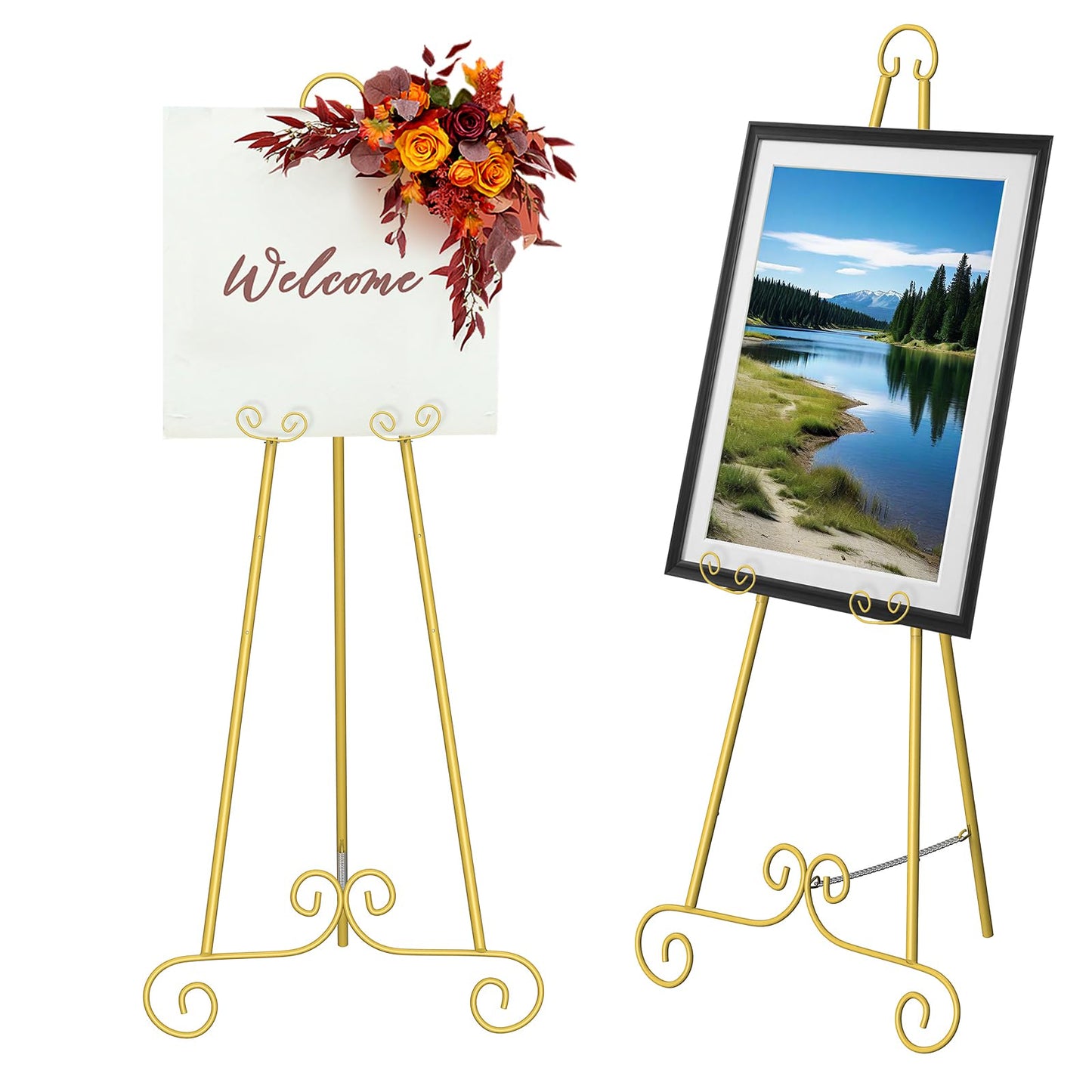 Gold Easel Stand for Sign,Adjustable Easel Dispaly Stand, Metal Easels for Dispalying Pictures,Easels for Wedding Poster Holder,Display Stand with Chain Support