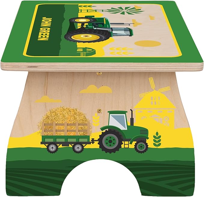 Tractor Step Stool for Toddlers- Personalized Wood Kids Step Stool with Name for Kitchen Sink, Bathroom, Potty Training, Toilet, Kitchen Sink- Sturdy and Safe- Made in USA by BloomOwl (Tractor)