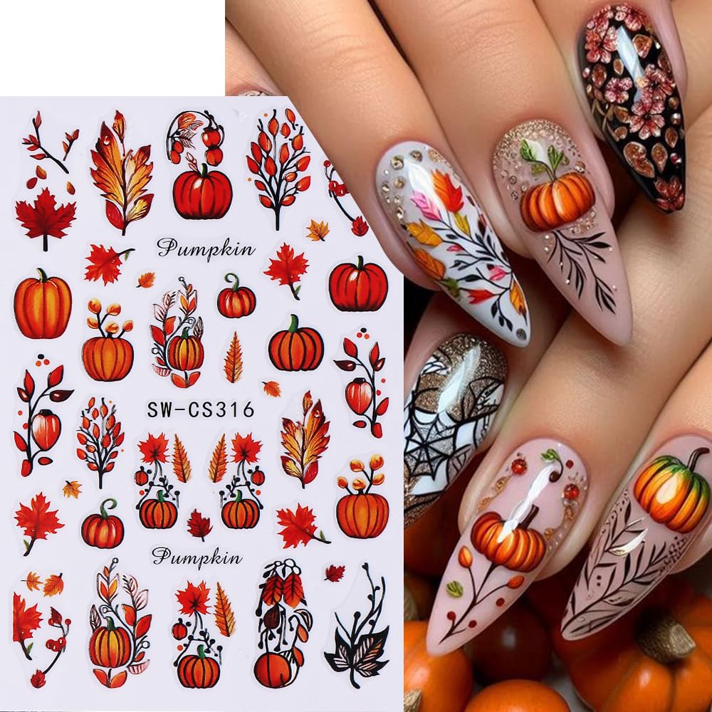 Fall Thanksgiving Nail Art Stickers 3D Self-Adhesive Nail Decals Maple Leaves Pumpkin Designs Nail Decorations Autumn DIY Manicure Supplies for Women Girls 4Pcs