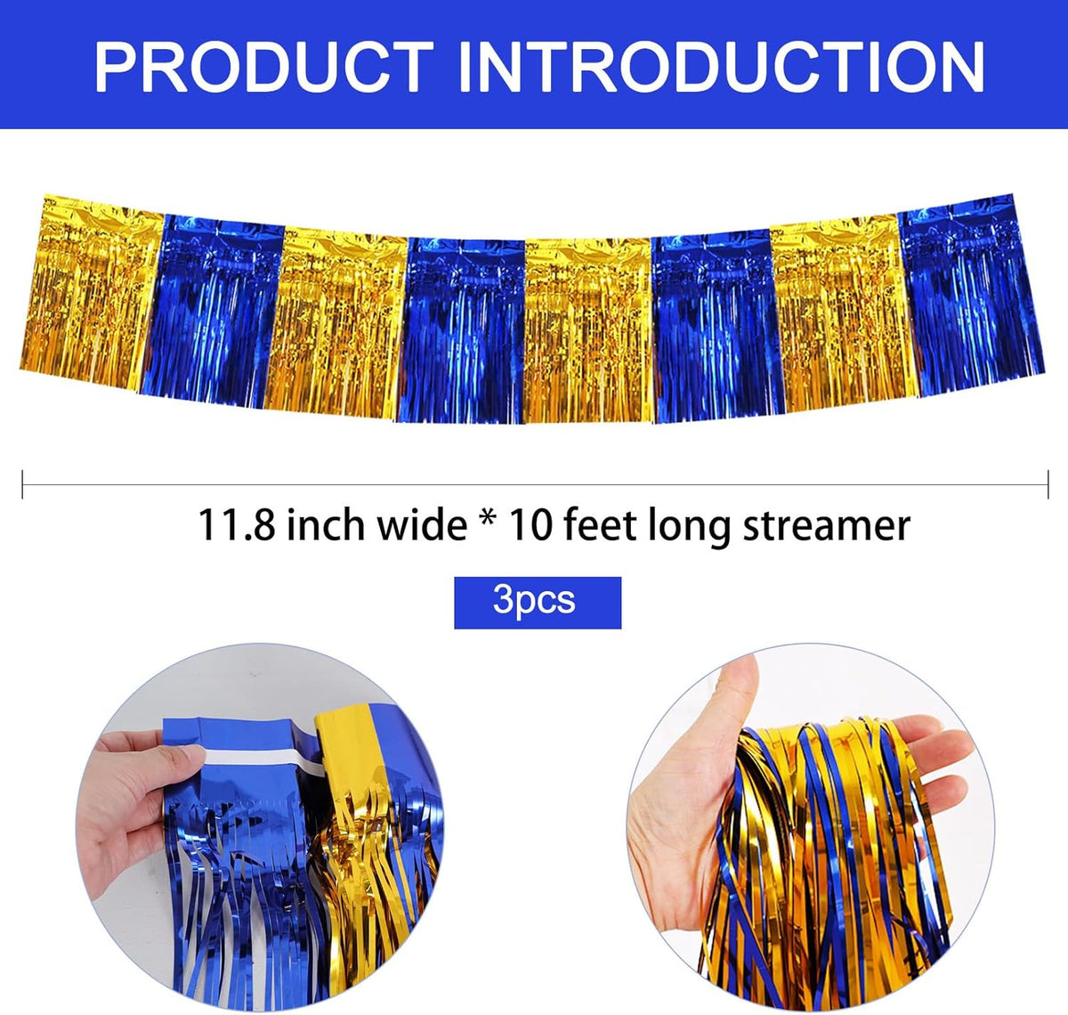 BEISHIDA 3 Packs Metallic Foil Fringe Garland Blue Gold Wall Hanging Tinsel Fringe Banners for Car Floats Bridal Shower Wedding Birthday Easter Graduation Holiday Party Decoration(30 Feet)