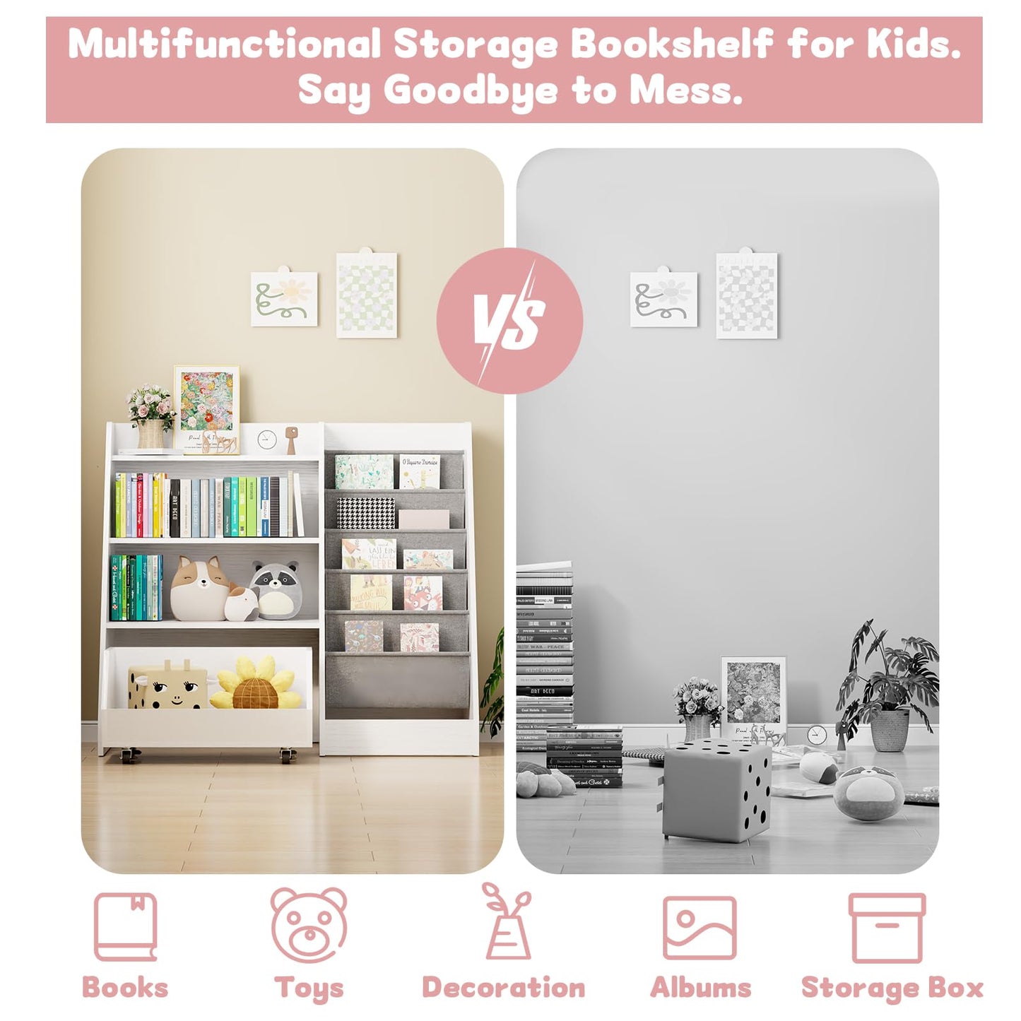 COZPAW Kids Bookshelf and Toy Storage, 4 Tier Toddler Bookshelf with Movable Drawer (White)