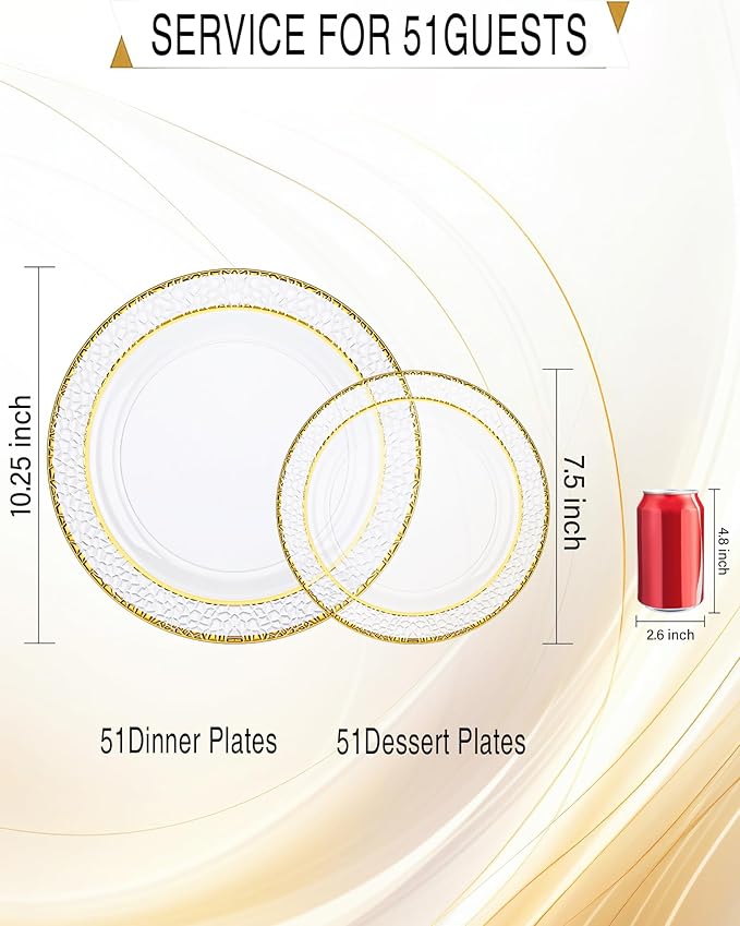 Nervure 102PCS Gold Plastic Plates - Disposable Clear Gold Party Plates Include 51PCS 10.25inch Dinner Plate & 51PCS 7.5inch Dessert Plate Perfect for Wedding & Party & Christmas