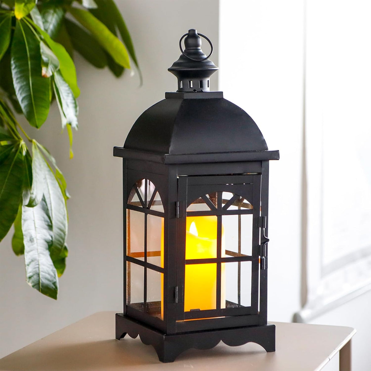 TRIROCKS Decorative Vintage Candle Lanterns 14.5" H Farmhouse Outdoor Hanging Lanterns with Tempered Glass for Porch, Balcony, Patio, Home, Centerpieces, Indoor, Outdoor(Black)