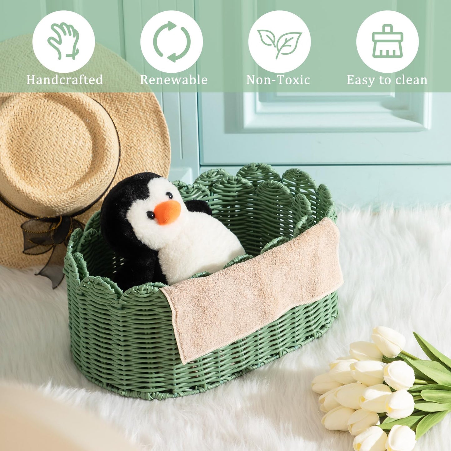 2 Pcs Large Scalloped Storage Baskets, Sage Green Woven Wicker Nursery Organizer Bins for Baby Gifts, Living Room Decor, Bathroom & Toy Storage, 16 x 10 x 7" & 14 x 8 x 6"