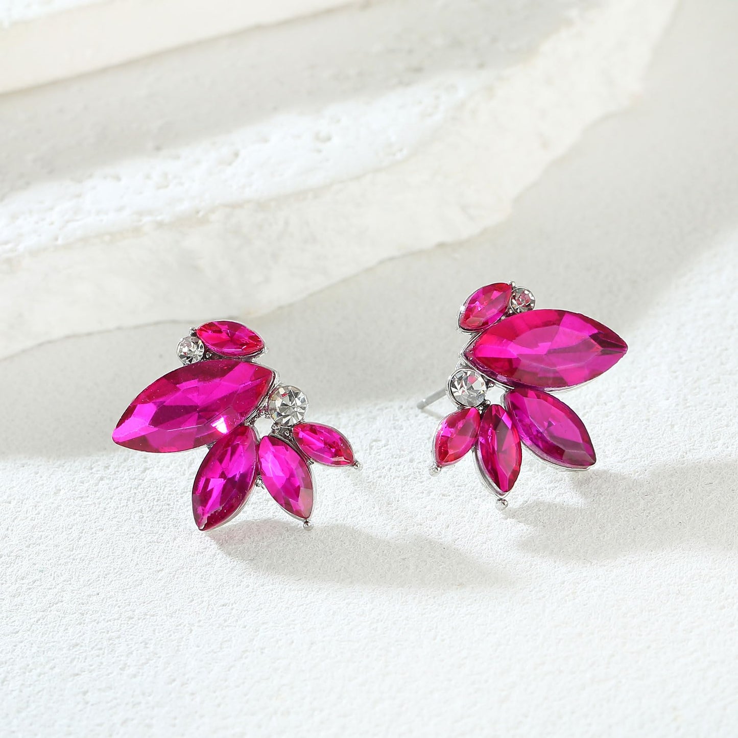 Hot Pink Earring for Women Sparkly Rhinestone Drop Earrings for Wedding Faux Crystal Earring Studs Silver-Tone