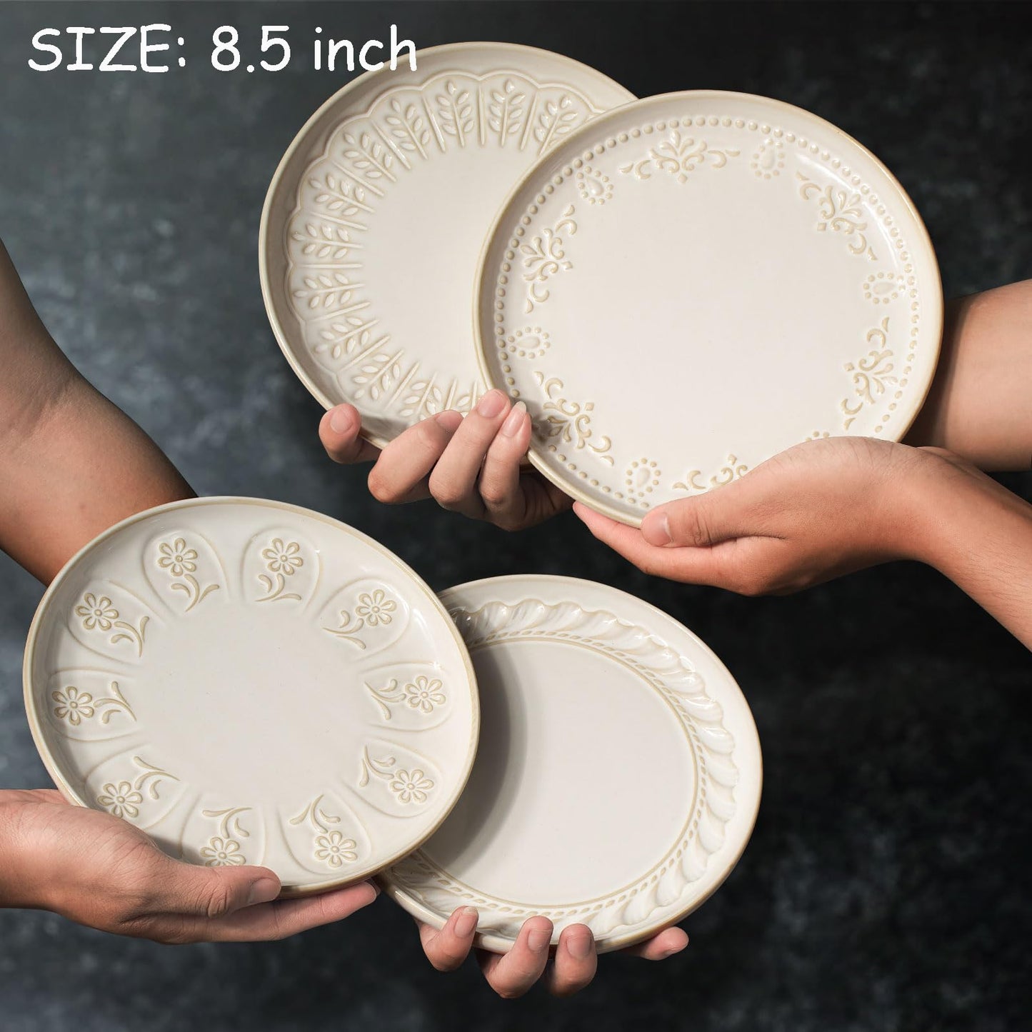Artena Salad Plates Set Of 4, 8.5 Inch Embossed Ceramic Dinner Plates for Appetizer Dessert, Kitchen Plates With Lipped Edges, Microwave Oven Dishwasher Safe (Wheat Leaf)