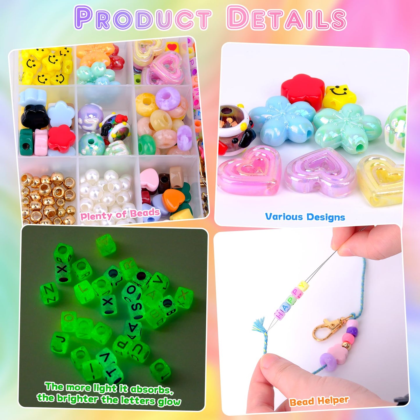 Hysagtek Beaded Keychain Making Kit - 422 Pcs DIY Beaded Bag Charm Kit Acrylic Luminous Letter Alphabet Star Flower Heart Beads Key Chain Making Kit Jewelry Supplies Crafts for Women