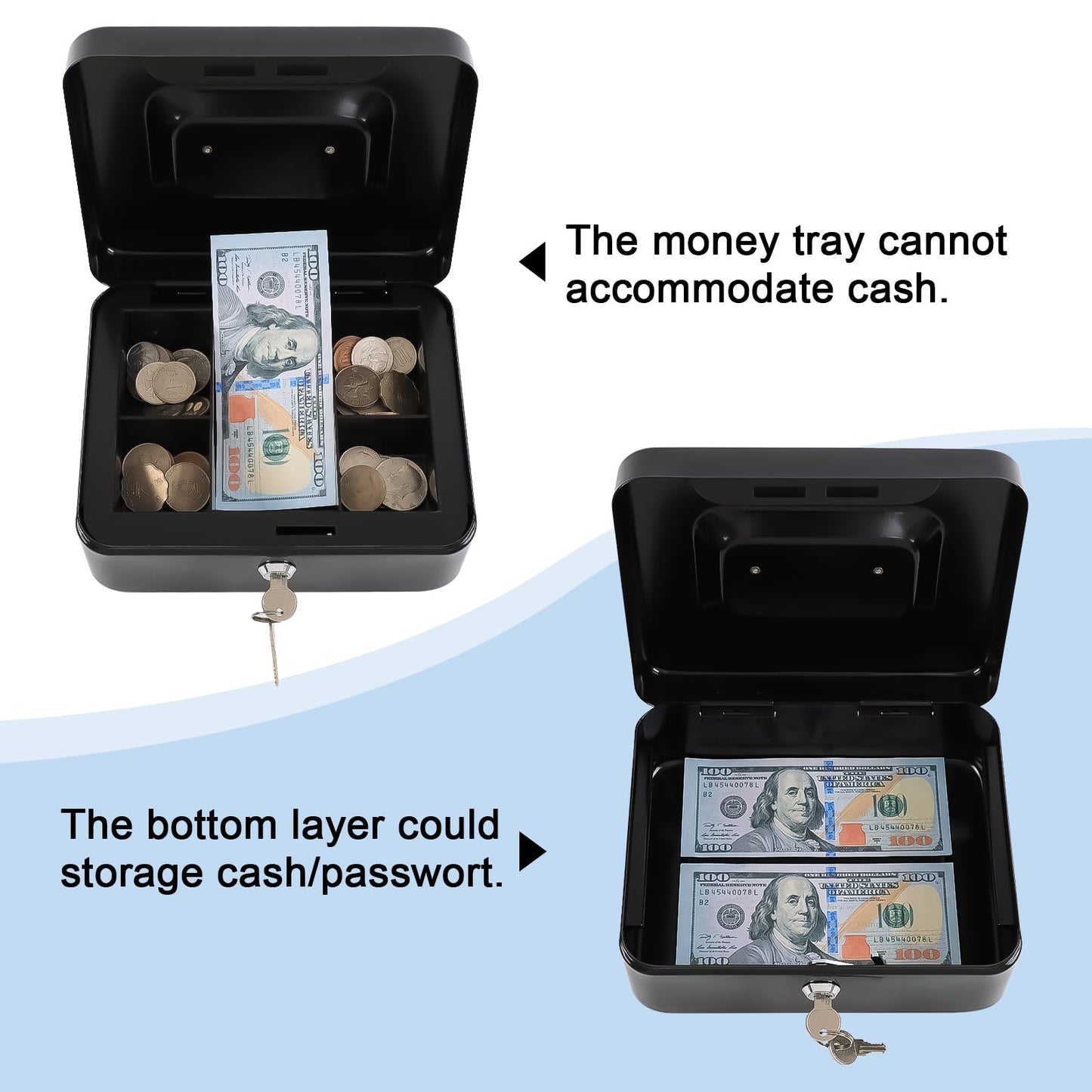 KYODOLED Medium Cash Box with Removable Money Tray, Key Lock Metal Storage Box with 2 Keys & Portable Handle, Safe Cash Drawer, 7.87"x 6.30"x 3.54", Black