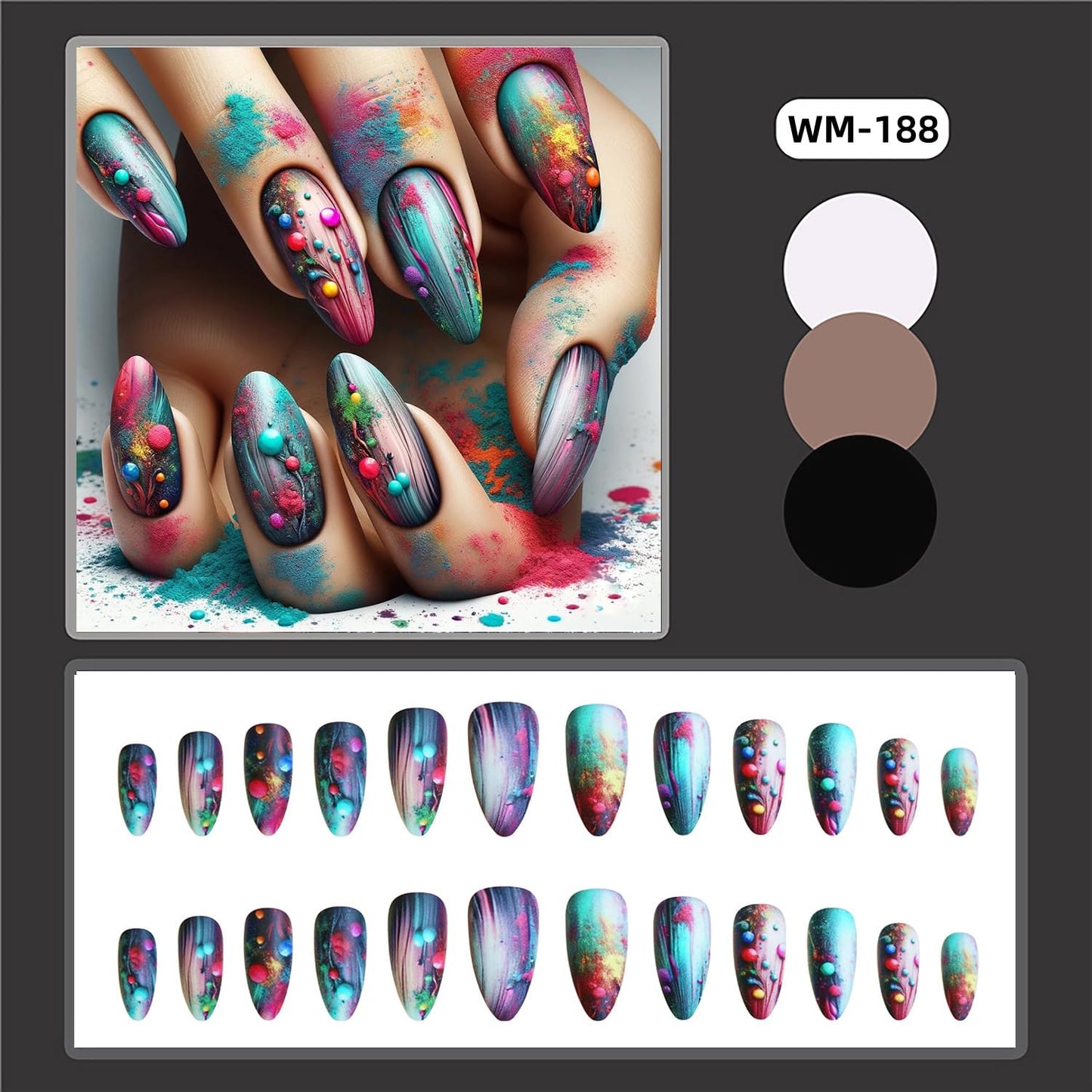 CJDLTSPress on Nails Medium Almond Shaped Colorful Balls Pattern Design Gradient Smudge False Nail Full Cover Almond Stick on Nails Press Ons with Arificial Acrylic Glue on Nails for Women 24Pcs