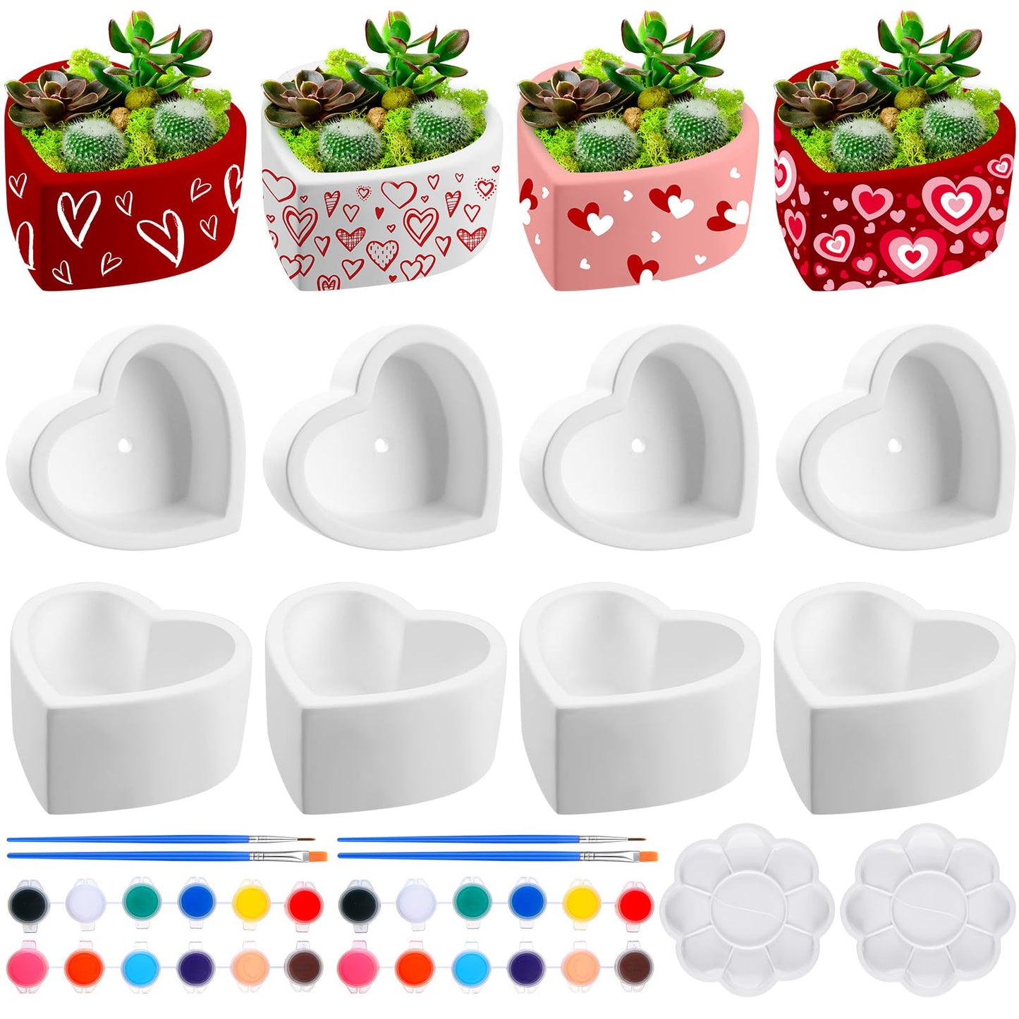 Beeveer 12 Pcs DIY Craft Kits Make Your Own Ceramic Succulent Planters Paintable Heart Shaped Decoration, and Ceramic Succulent Planters Kit for Mother's Day from Daughter Son