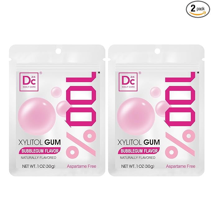 DC24 DAILY CARE 100% Xylitol Gum | Aspartame Free Chewing Gum | Natural Bubblegum Flavored | Sugar Free Gum, 20 Pieces, Pack of 2